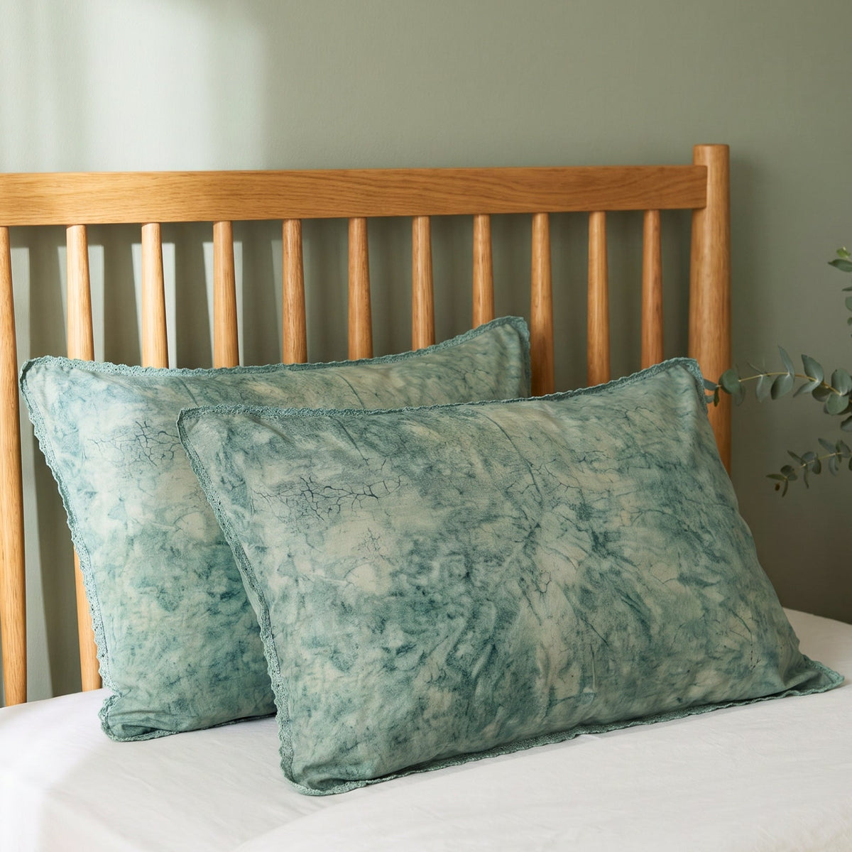Brook Green Batik Pillow Covers with Lace insert
