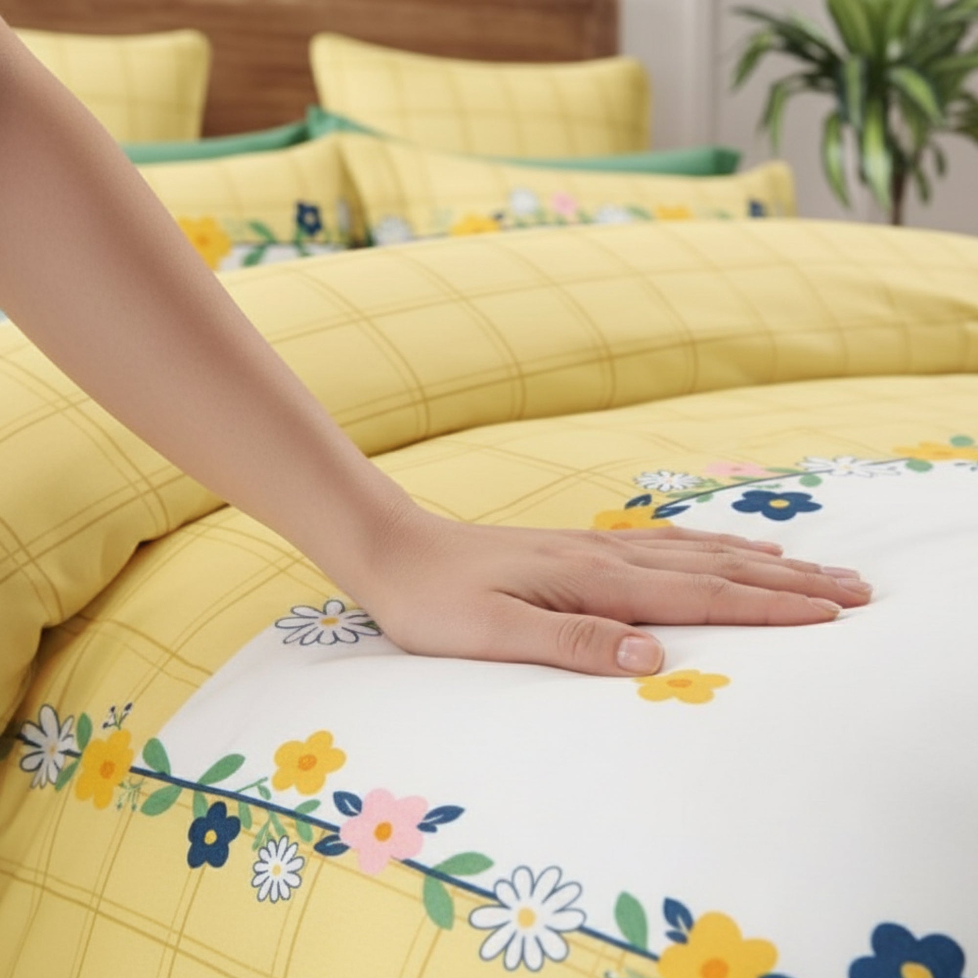 Bedsheet for Double Bed Yellow Checkered with Floral Border.