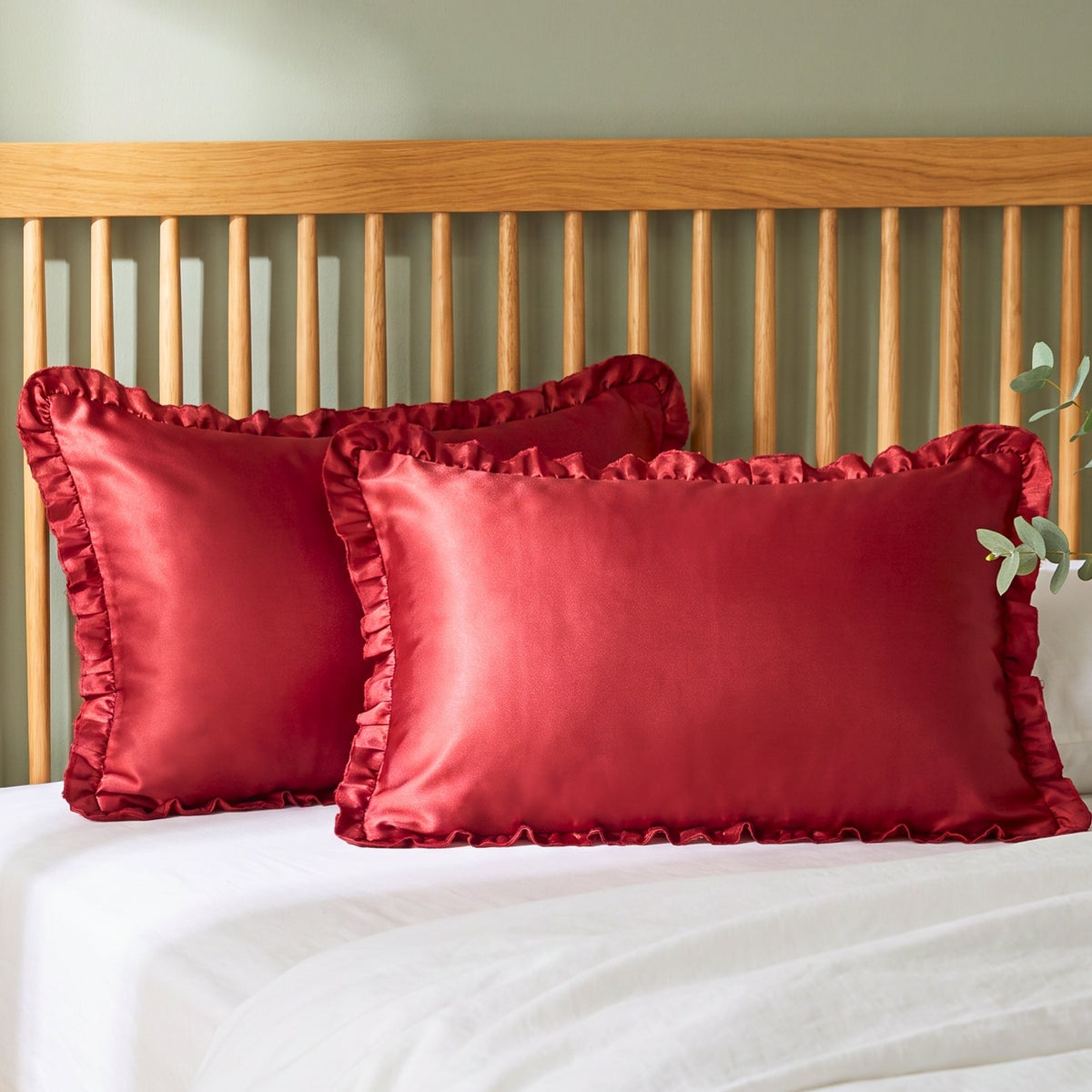Elegant Maroon Satin Pillow Covers with Ruffled Edges