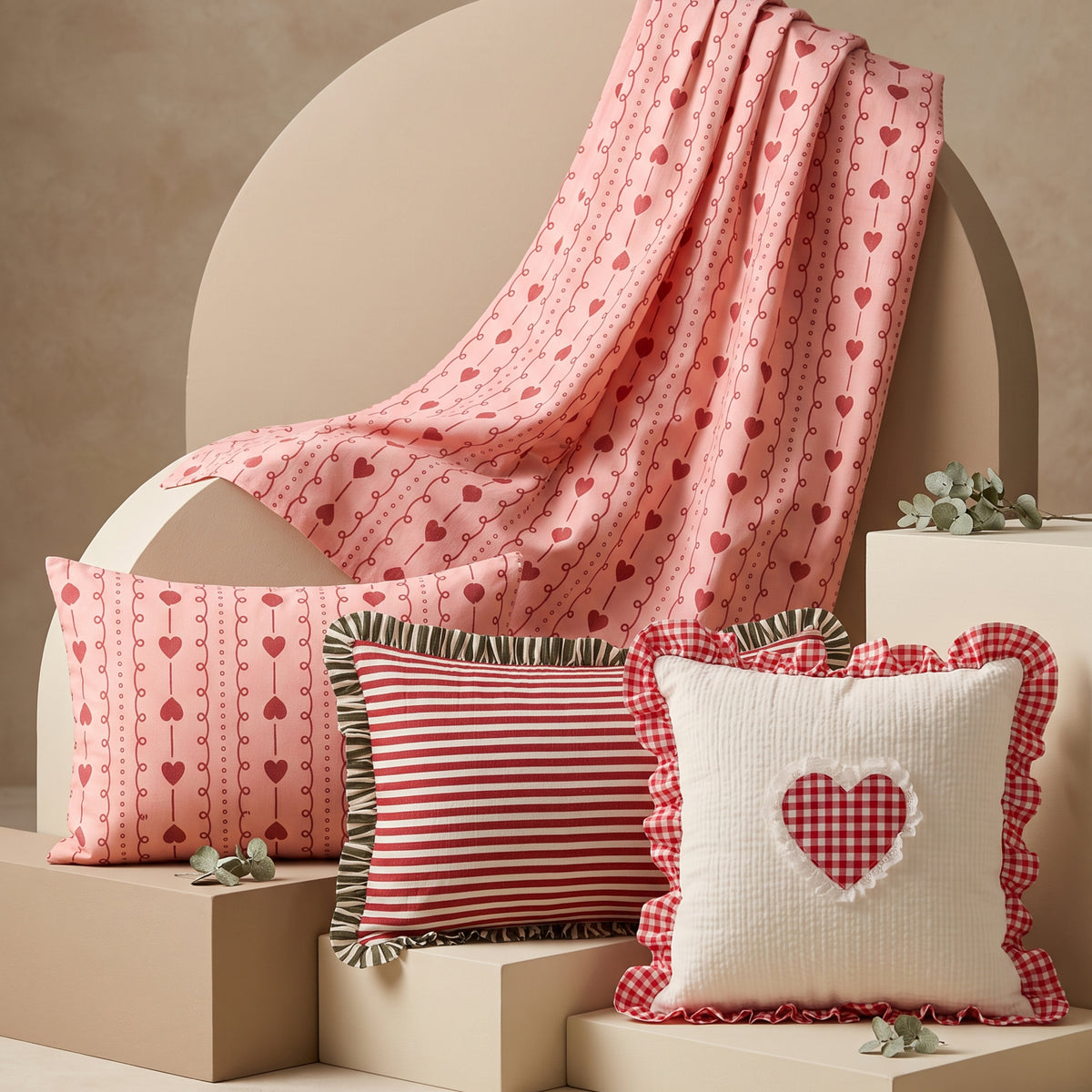 Romantic Red Hearts & Dainty Pink Stripe Pattern Soft, Breathable Screen Printed Flat Sheet King Size