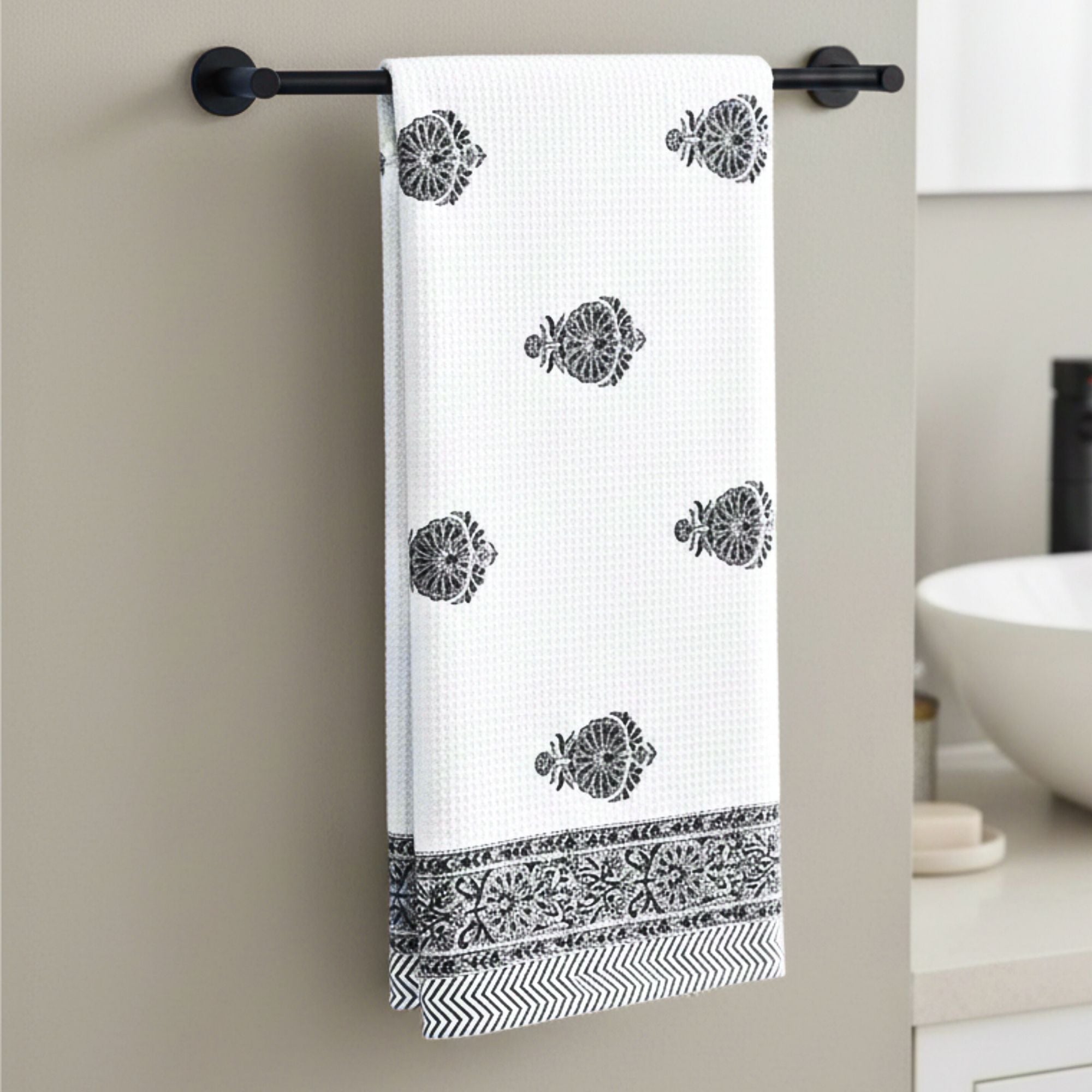 Waffle Weave Cotton Bath Towel | Hand Block Printed Indigo Blue Floral Motif | Super Absorbent, Soft & Quick Dry Bath