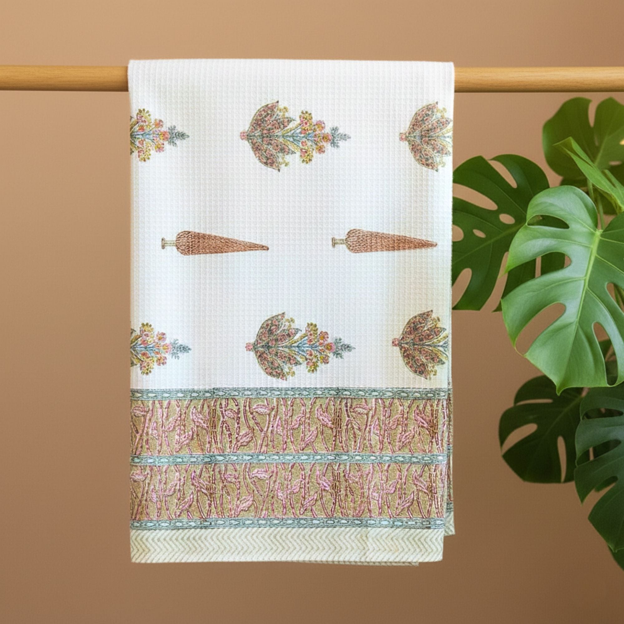 Waffle Weave Cotton Bath Towel, Hand Block Printed Floral Design Inches, White