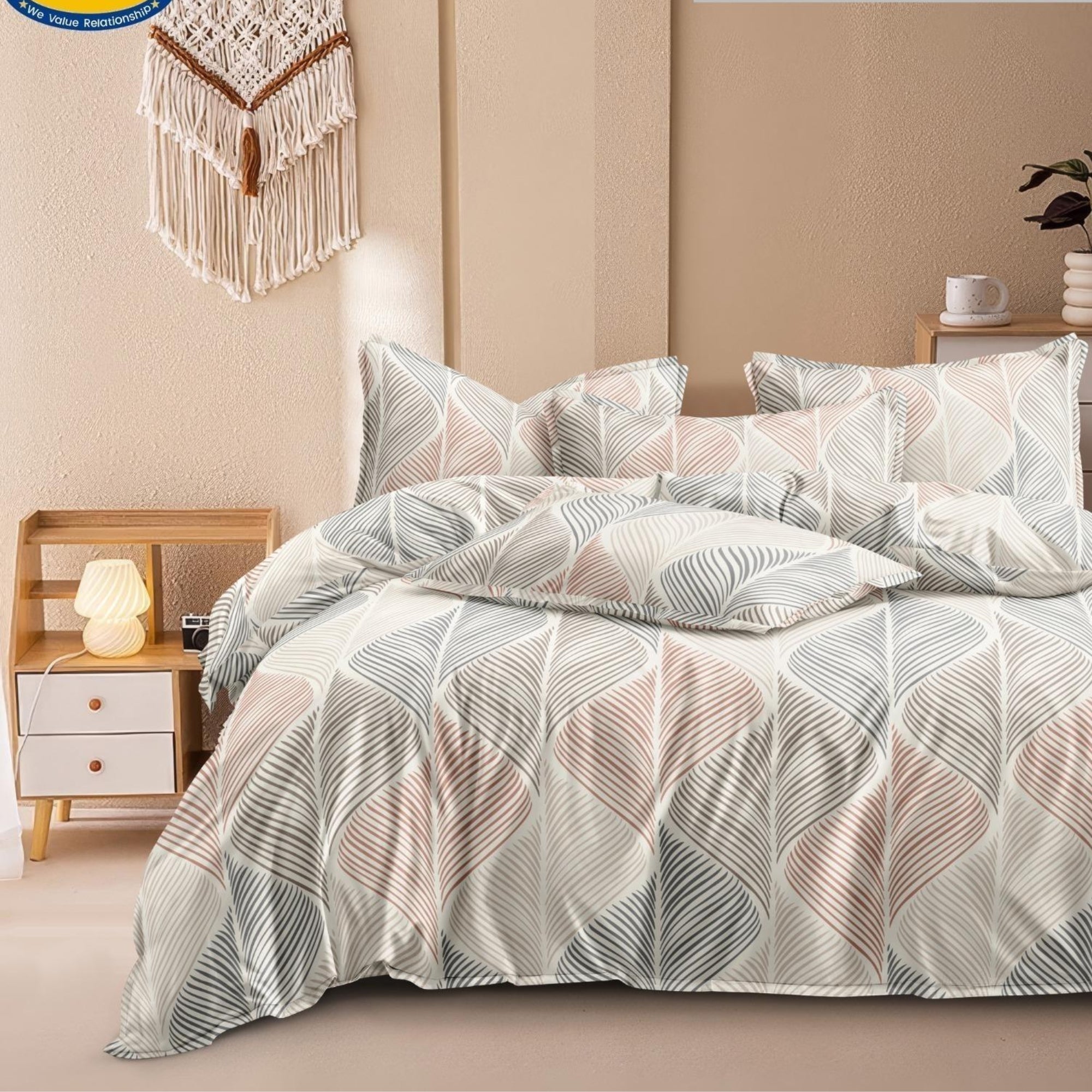 Bedsheet for Double Bed King Size Cream, Peach & Grey Leaf Print .