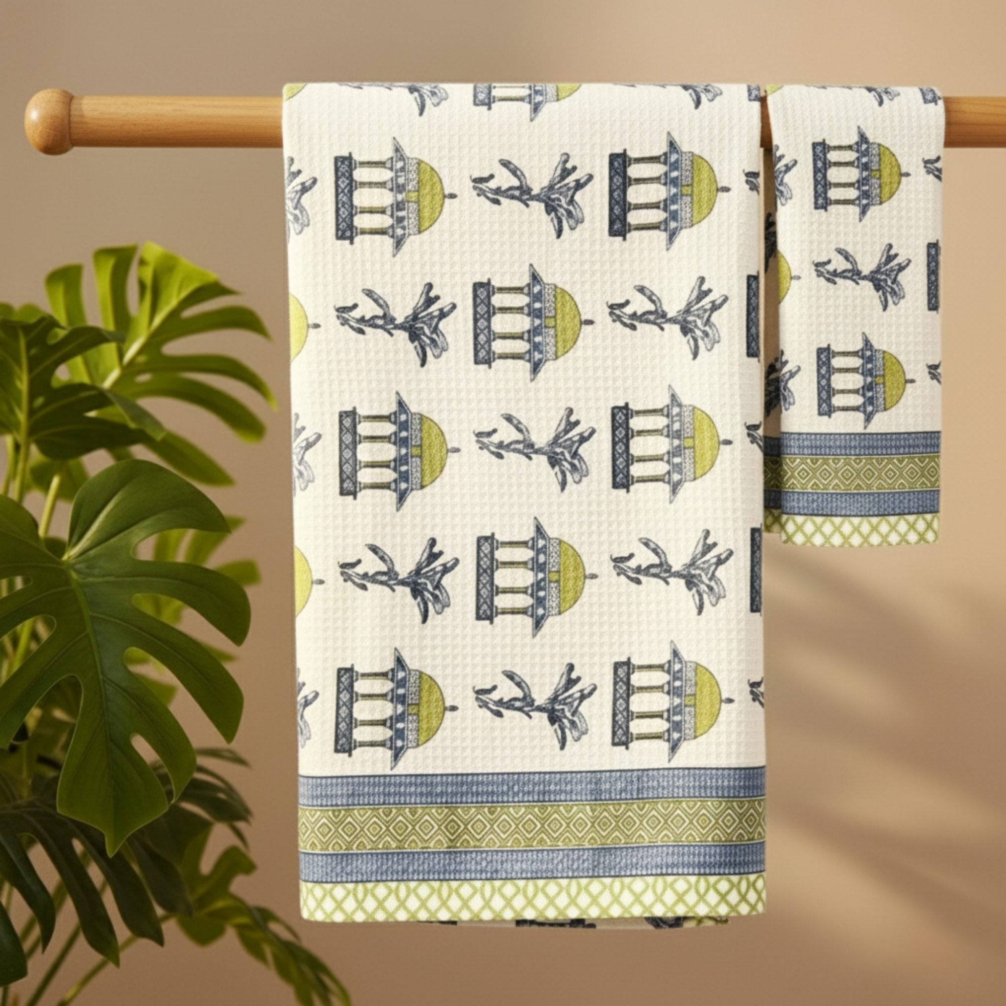 Waffle Weave Towel, Mughal Dome & Floral Screen Print,