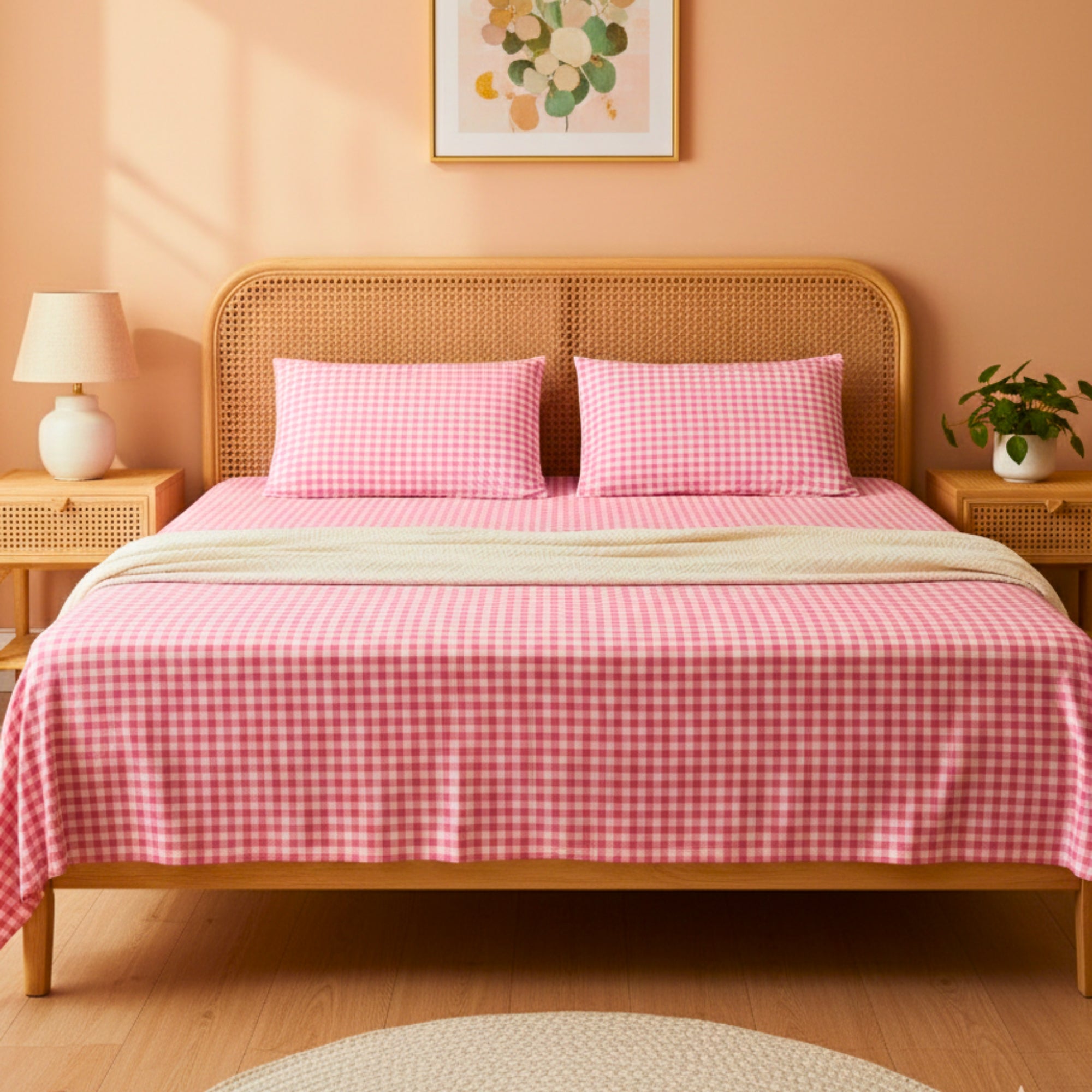 Bedsheet for Double Bed, Pink & White Gingham Checkered