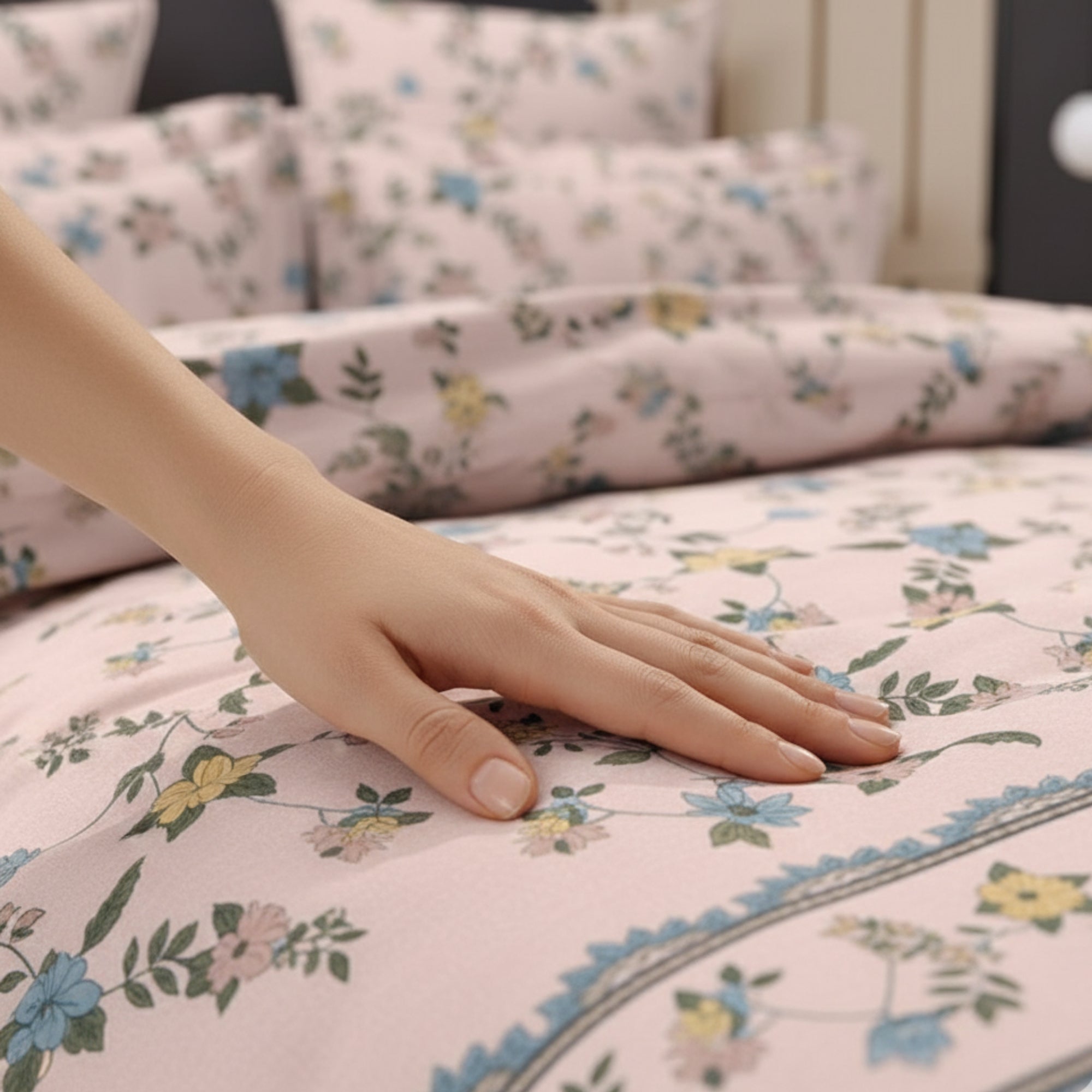 Cotton Double Bedsheet Peach Bedsheet with Yellow & Blue Floral Print – Soft & Breathable Queen Size Yellow & Blue Floral)