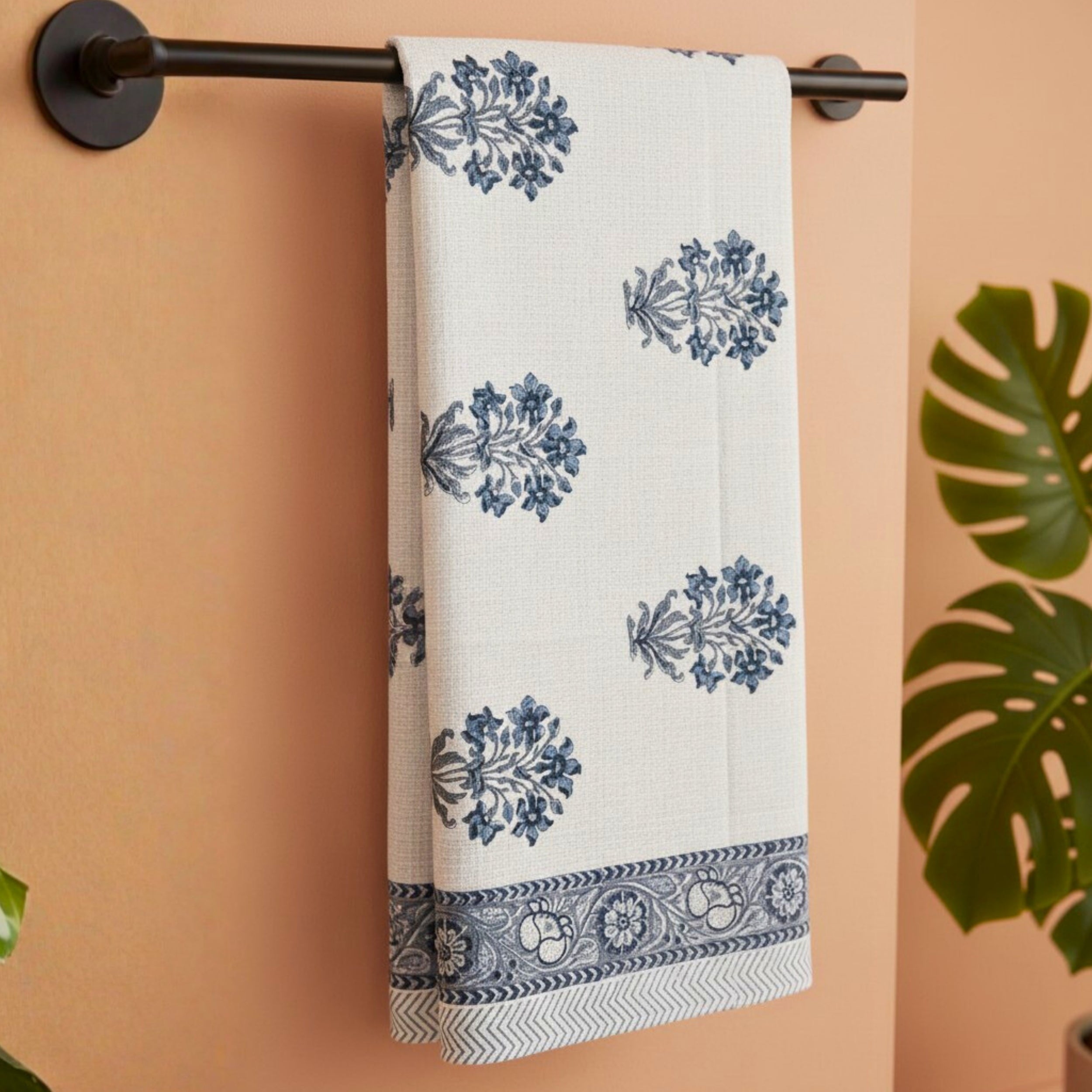 Waffle Weave Cotton Bath Towel | Hand Block Printed Black & White Floral Motif | Super Absorbent, Soft & Quick Dry Bath