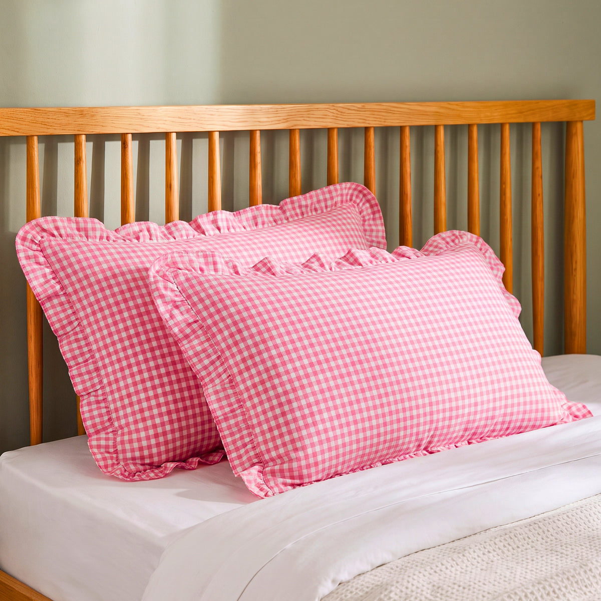 PURE COTTON RUFFLED PINK CHECKERED PILLOW COVER