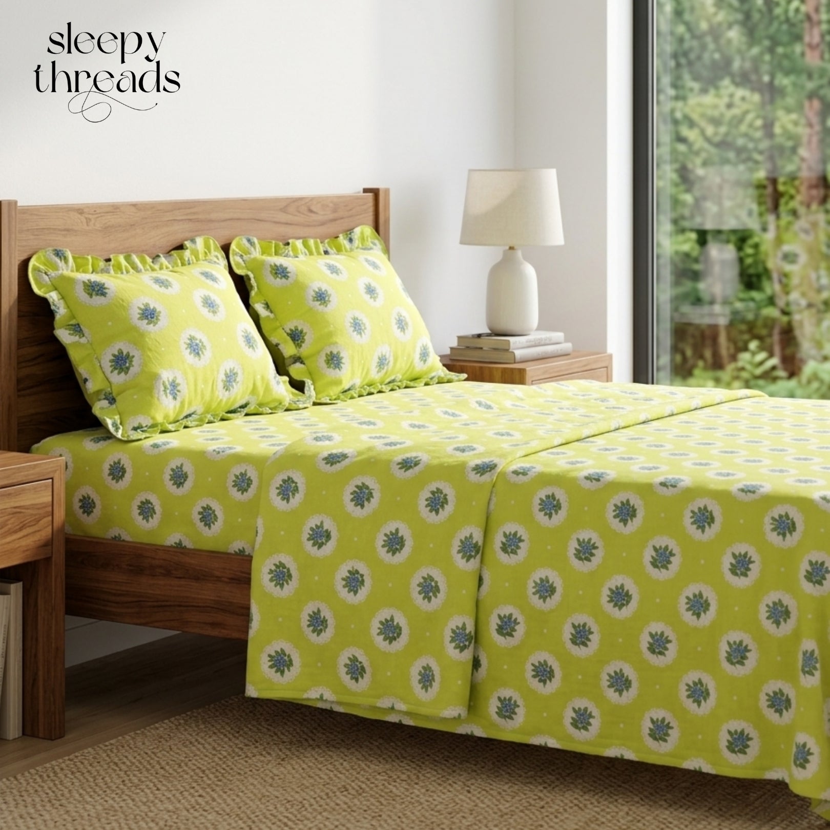 Vibrant Sunshine Yellow Floral Medallion Pattern – Soft, Breathable Screen Printed Flat Sheet