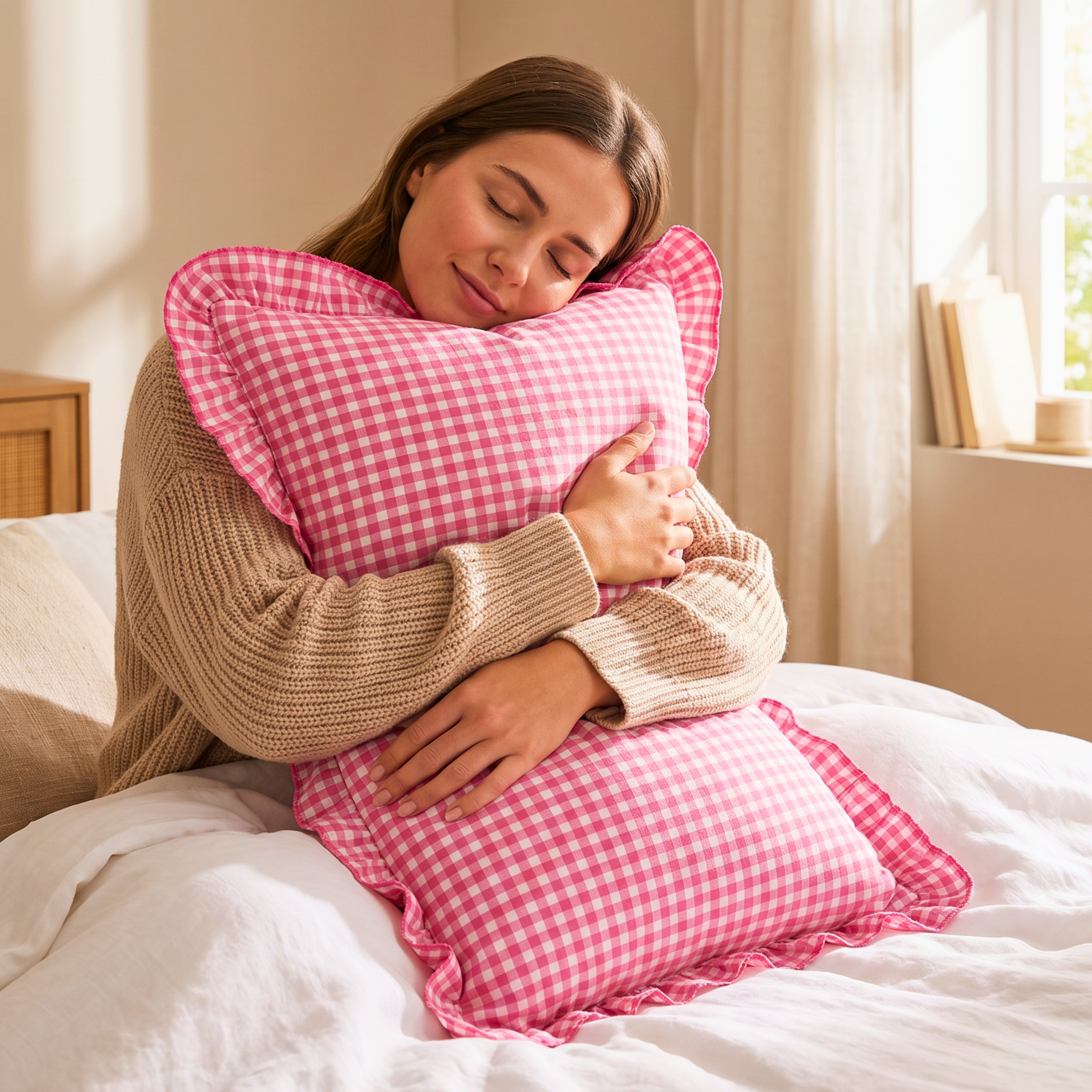 PURE COTTON RUFFLED PINK CHECKERED PILLOW COVER
