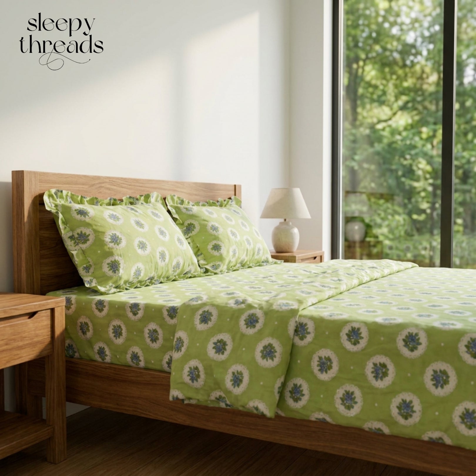 Sage Green & White Floral Pattern with Blue Medallions – Soft, Breathable Screen Printed Flat Sheet