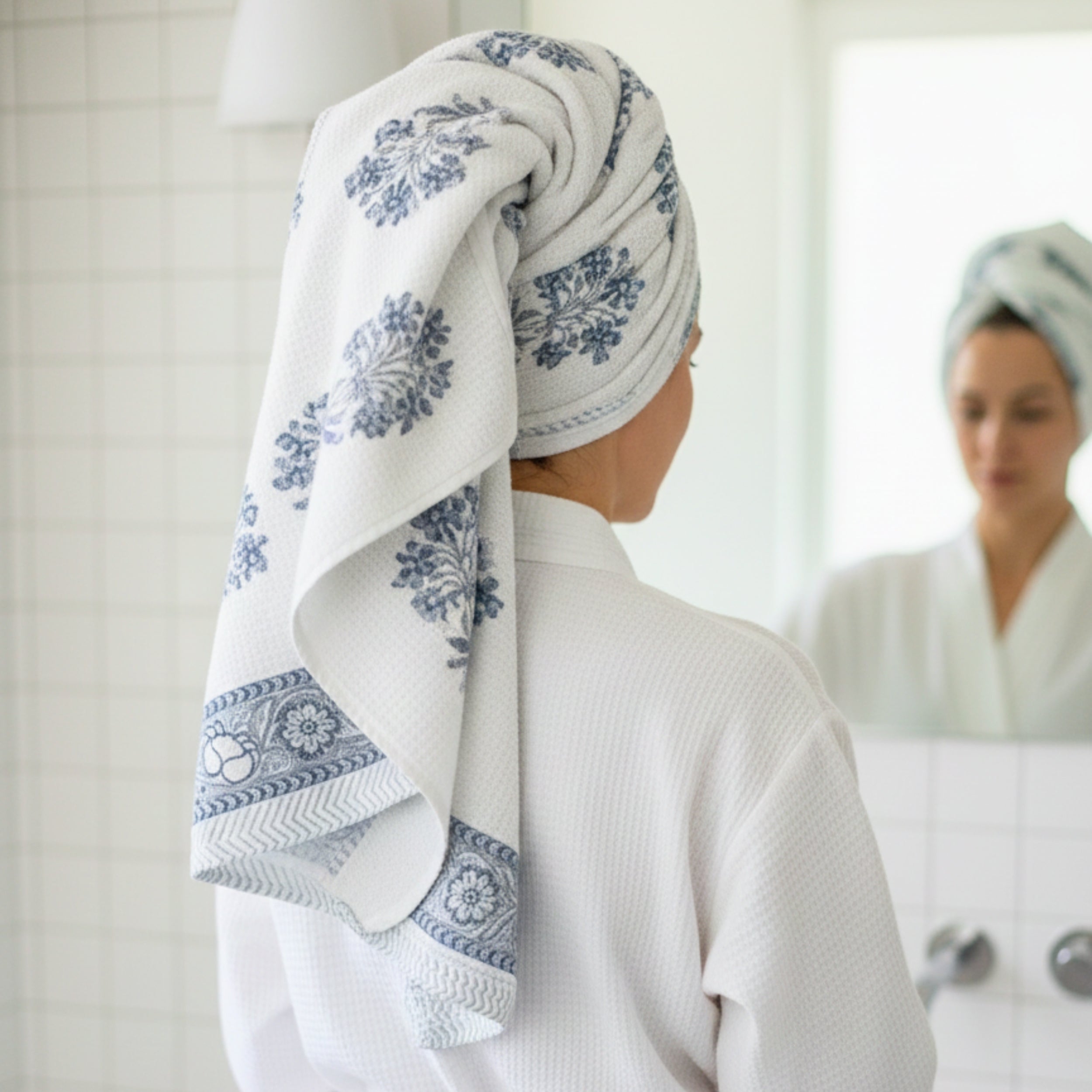Waffle Weave Cotton Bath Towel | Hand Block Printed Black & White Floral Motif | Super Absorbent, Soft & Quick Dry Bath