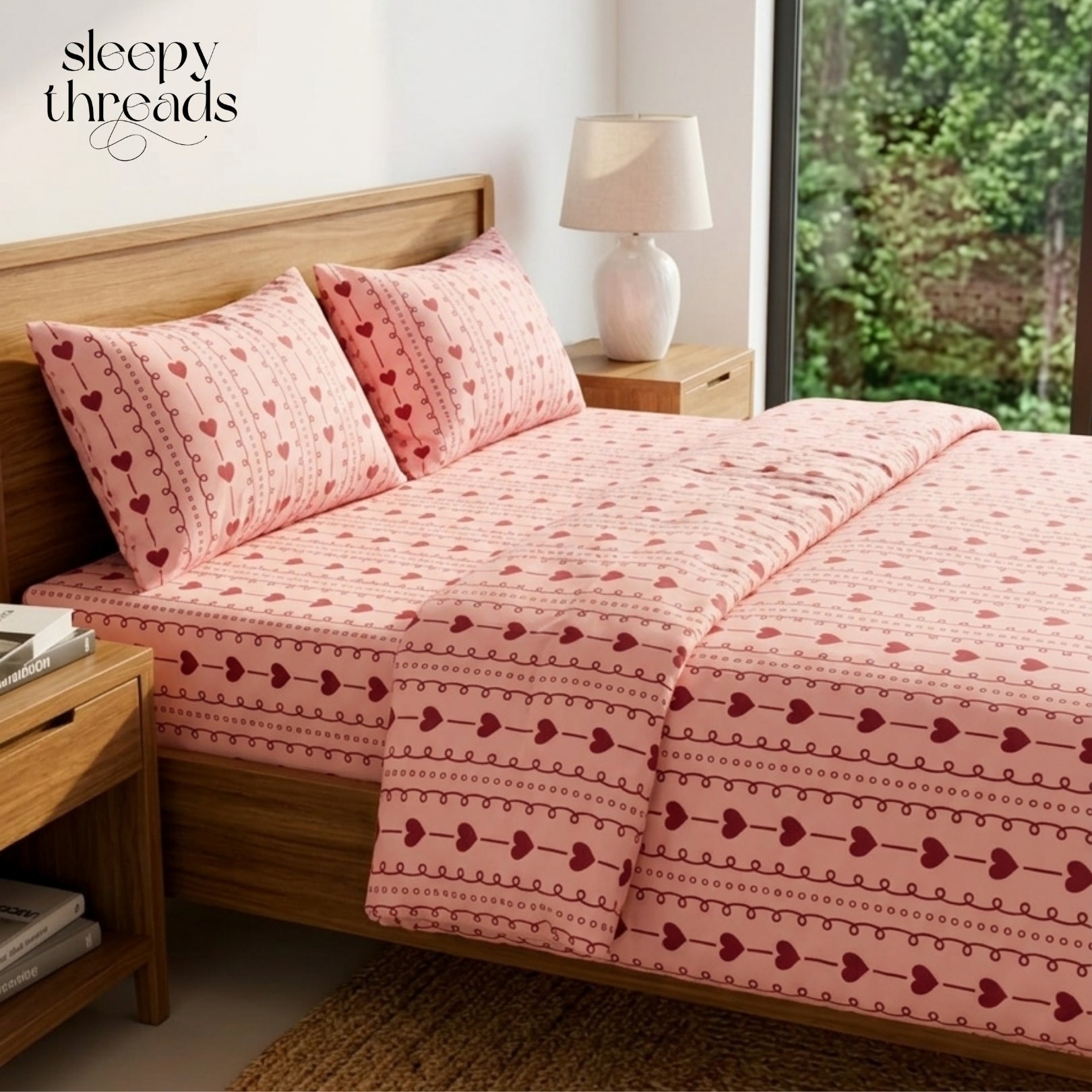 Romantic Red Hearts & Dainty Pink Stripe Pattern – Soft, Breathable Screen Printed Flat Sheet