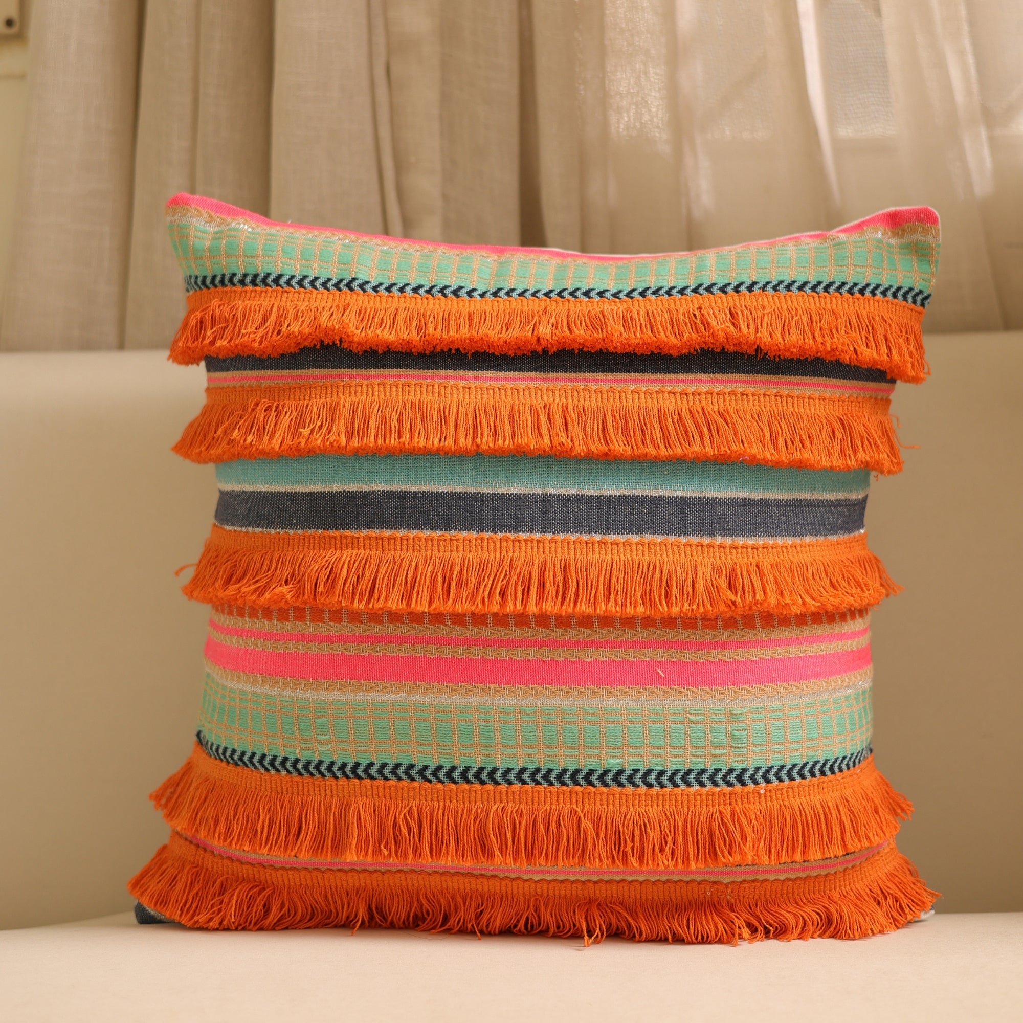 Earthy Multicolor Fringe Cushion Cover