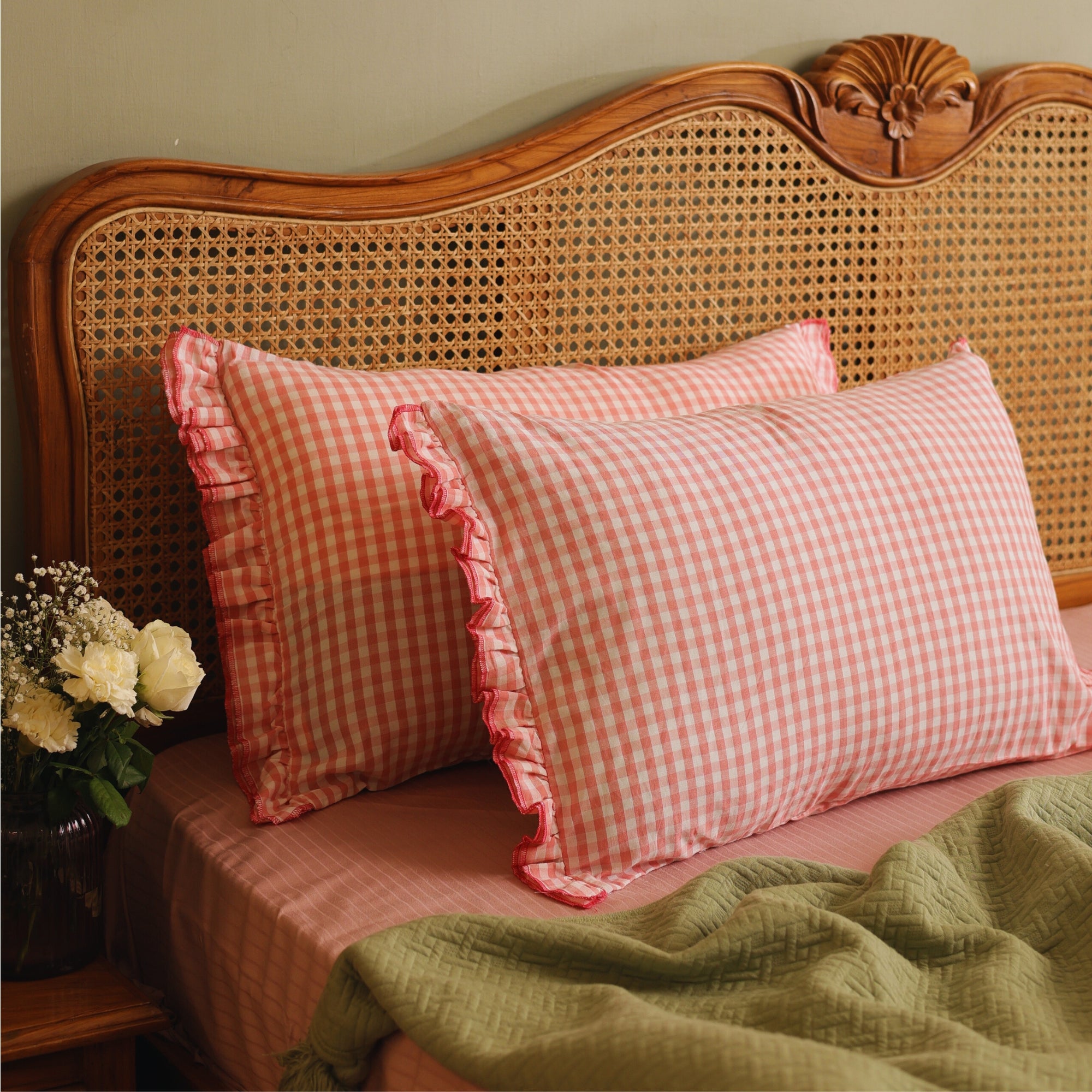 Peach Gingham Ruffle Pillow Cover