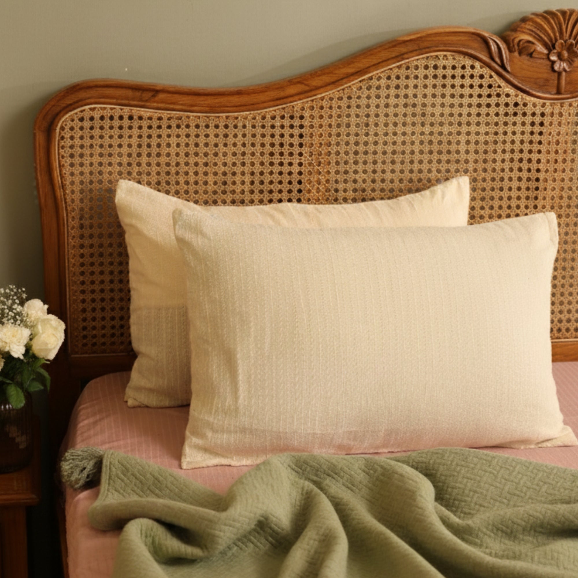 Textured Cream Wooden Button Pillow Cover