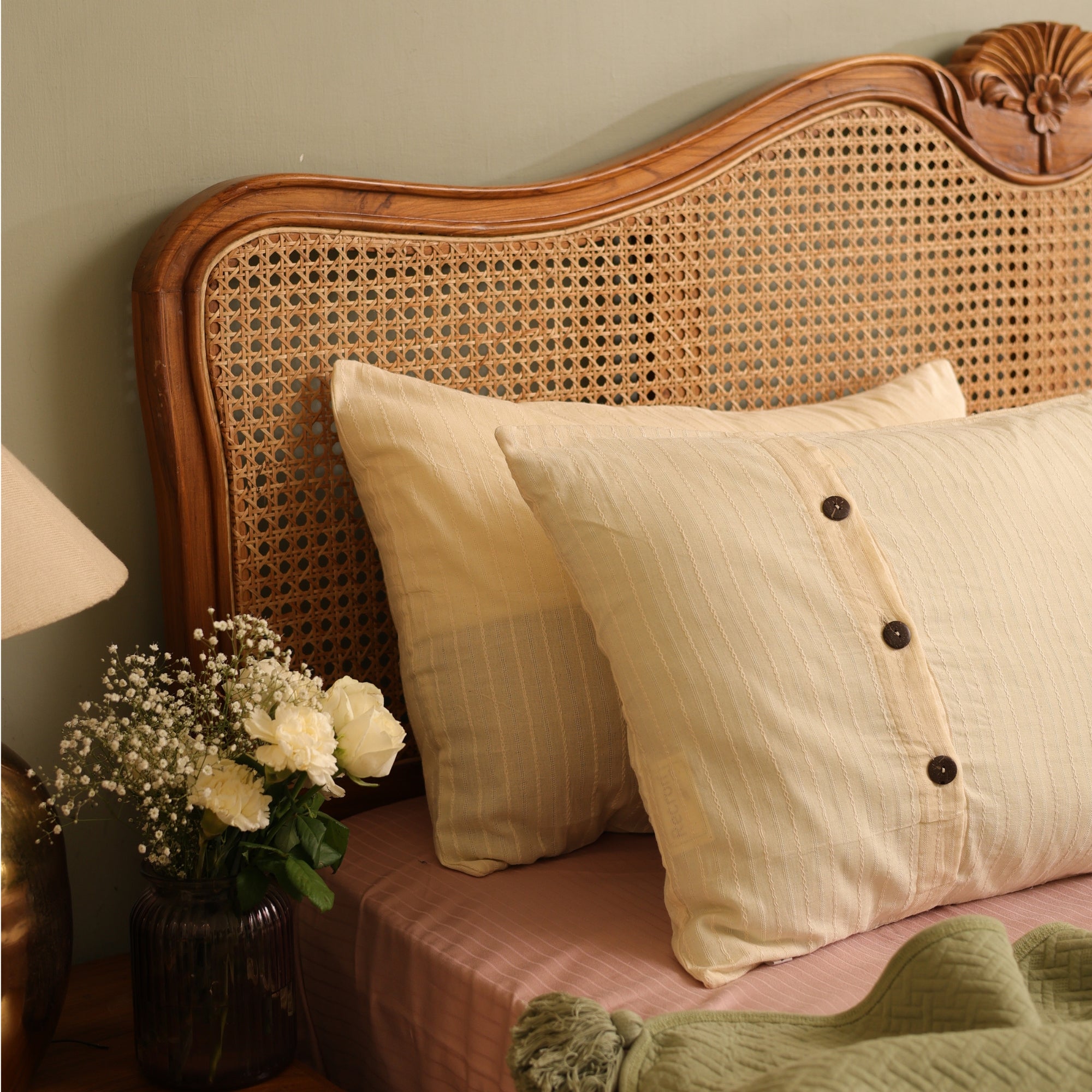 Textured Cream Wooden Button Pillow Cover