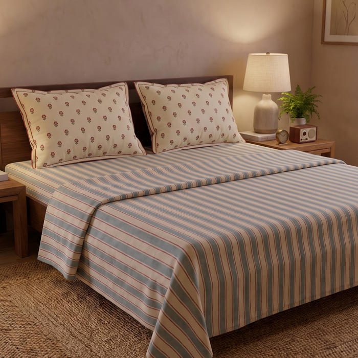 Vintage Blue Stripes 300 TC Cotton Bedsheet