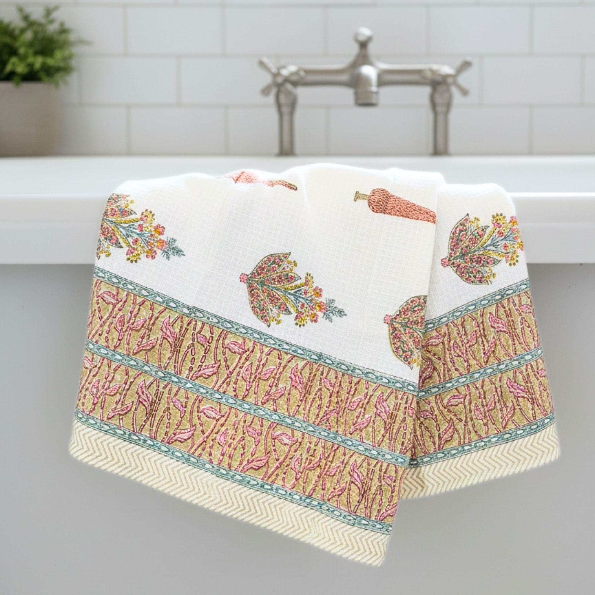 Waffle Weave Cotton Bath Towel, Hand Block Printed Floral Design Inches, White