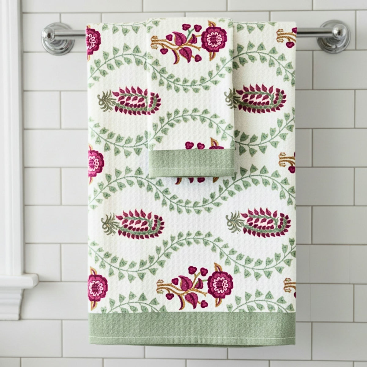 Waffle Weave Towel Set | Screen Print  Hot Pink & Green Floral | Super Absorbent Bath Towel 2 Hand Towels