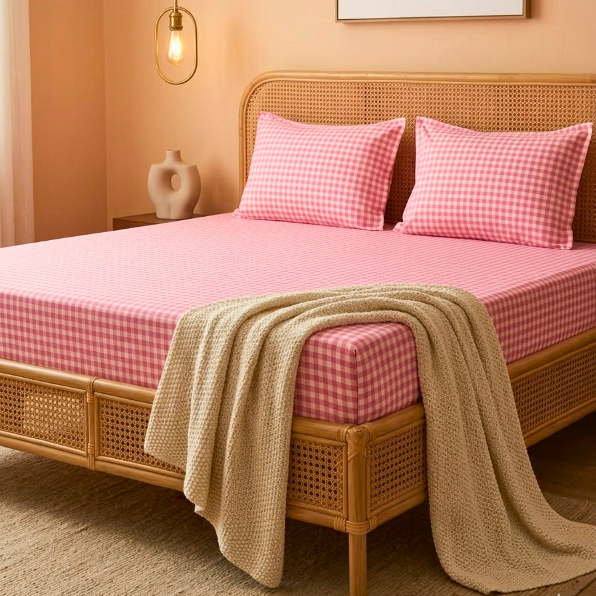 Bedsheet for Double Bed, Pink & White Gingham Checkered