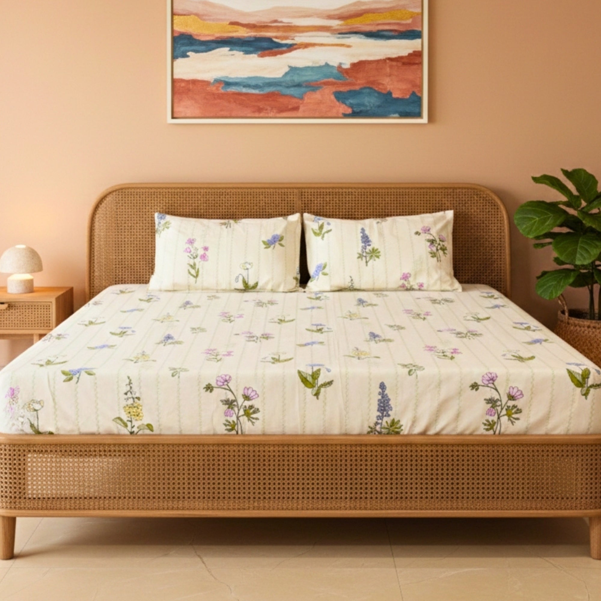 King Size Blended Cotton Bedsheet Multicolor Floral Print, Soft & Breathable Double BedSheet.