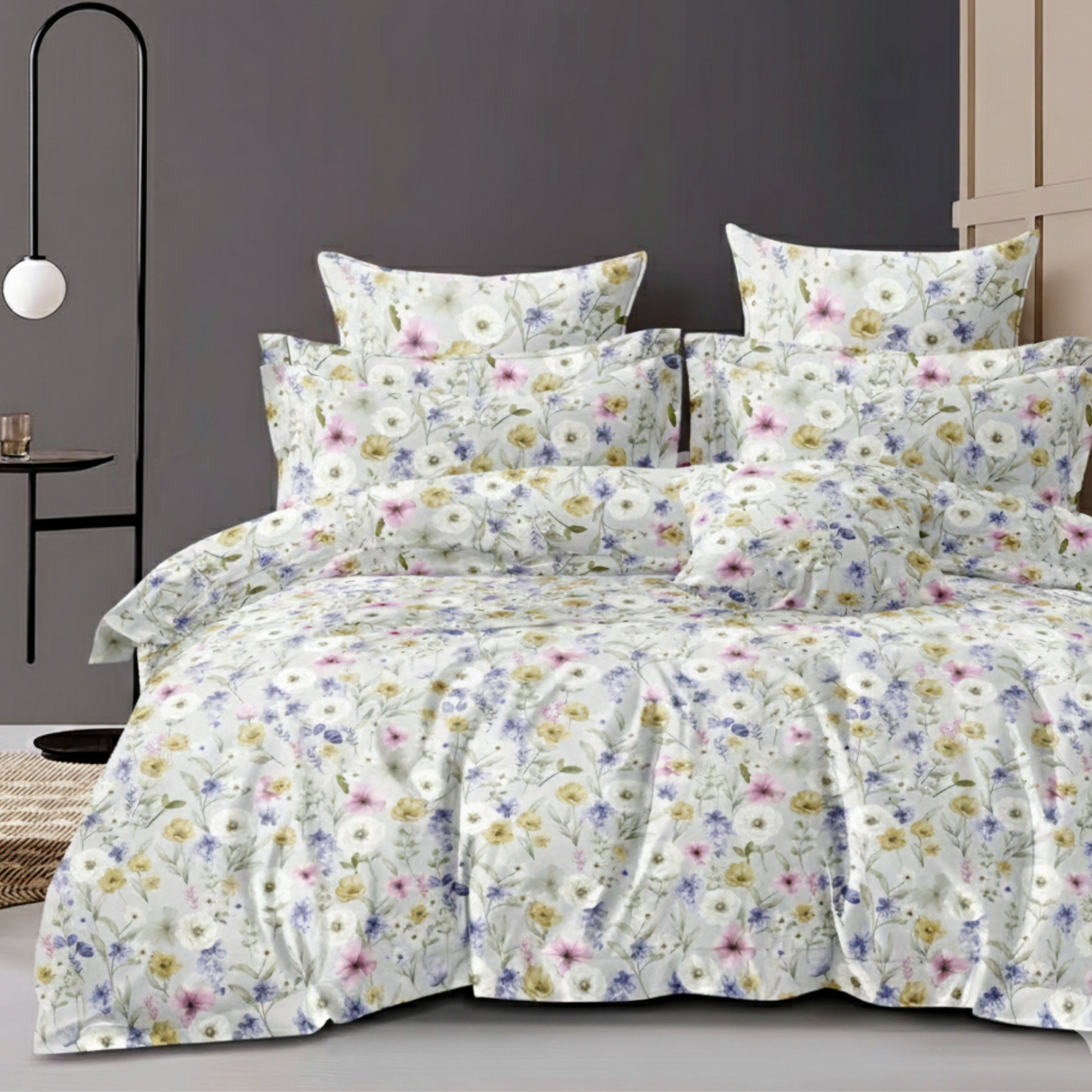 Cotton Double Bedsheet White Bedsheet with Yellow, Blue & Pink Floral Print.