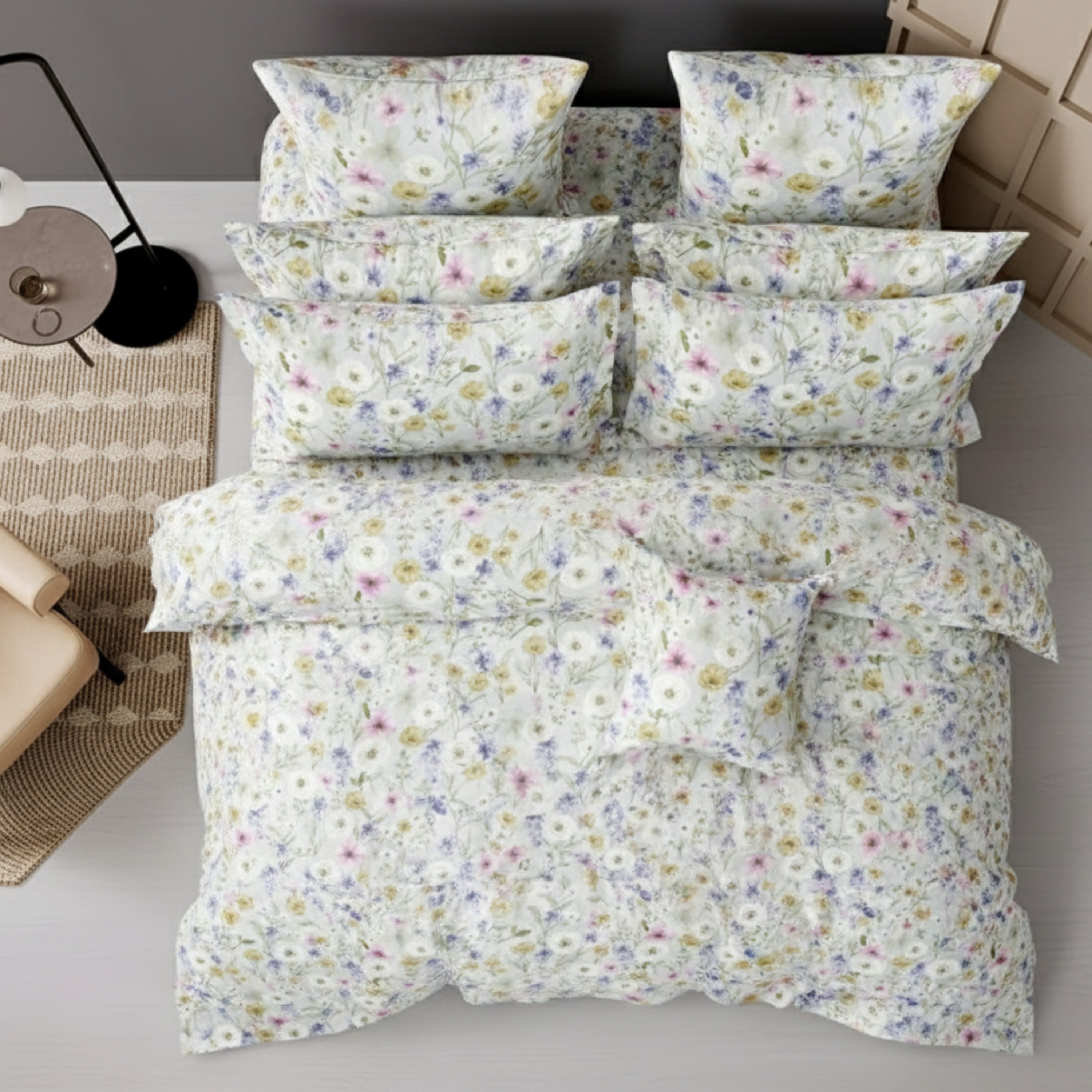 Cotton Double Bedsheet White Bedsheet with Yellow, Blue & Pink Floral Print.
