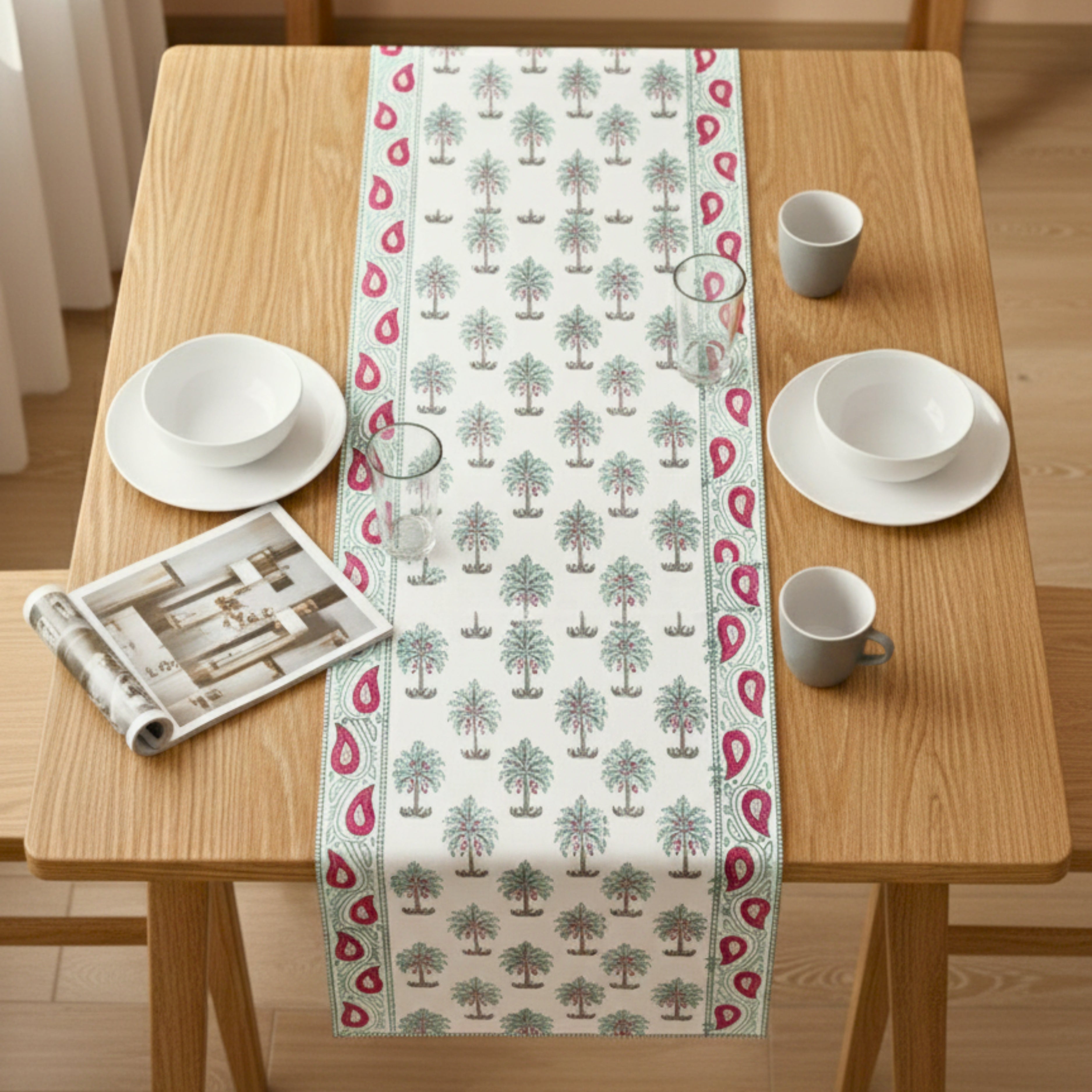 Hand Block Print Canvas Table Runner Red, Teal & Grey Mughal Motif Durable Cotton Canvas Table Linen