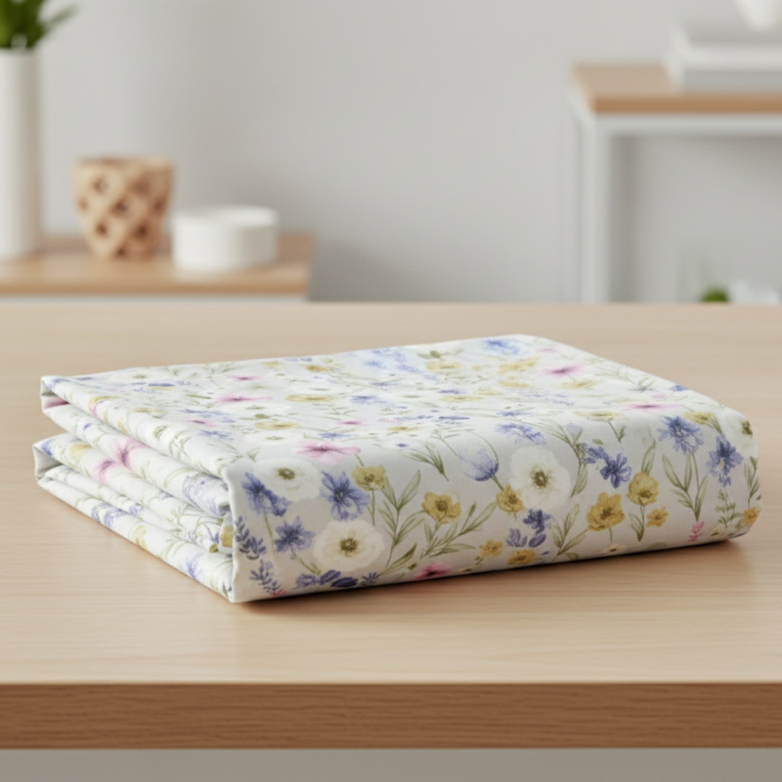 Cotton Double Bedsheet White Bedsheet with Yellow, Blue & Pink Floral Print.