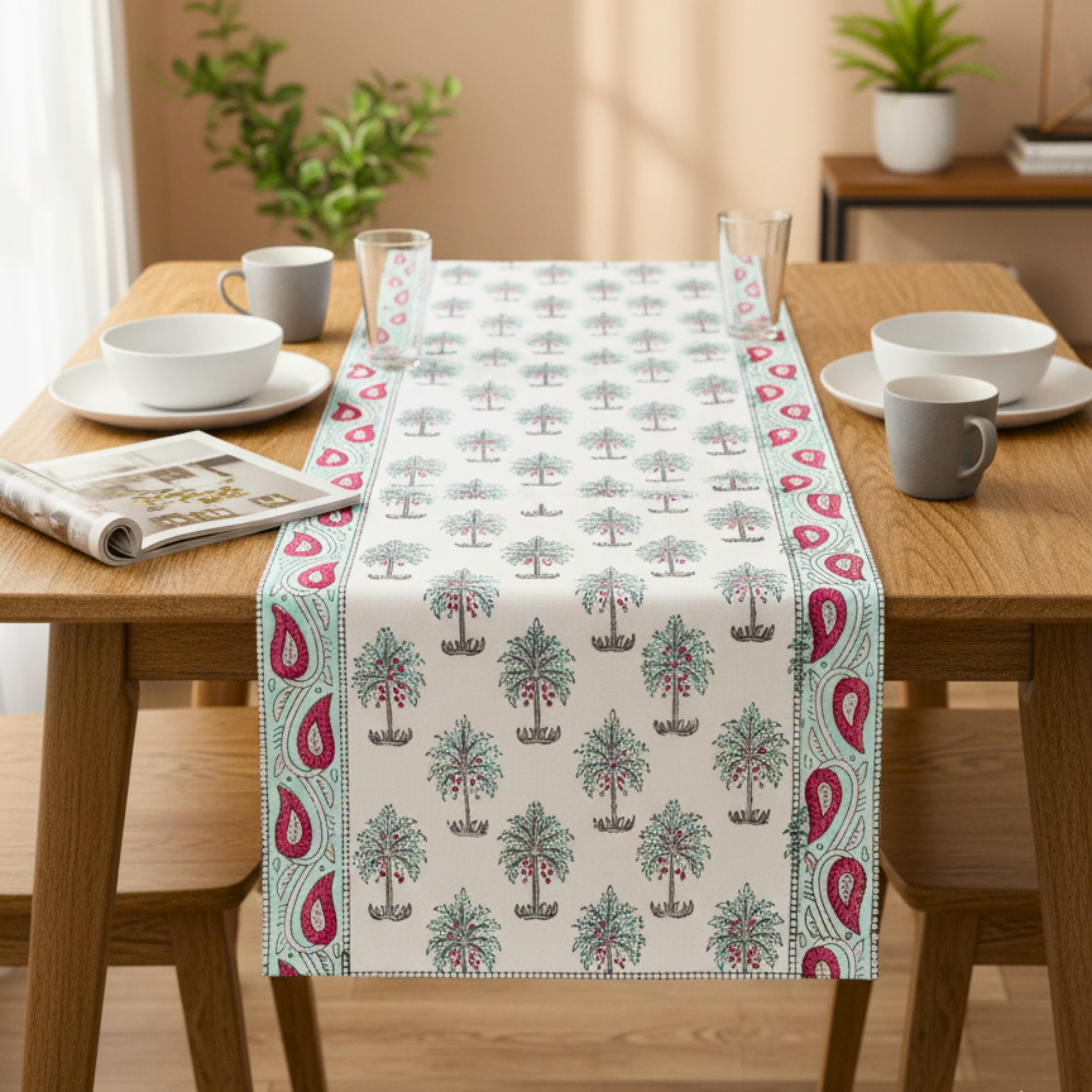 Hand Block Print Canvas Table Runner Red, Teal & Grey Mughal Motif Durable Cotton Canvas Table Linen
