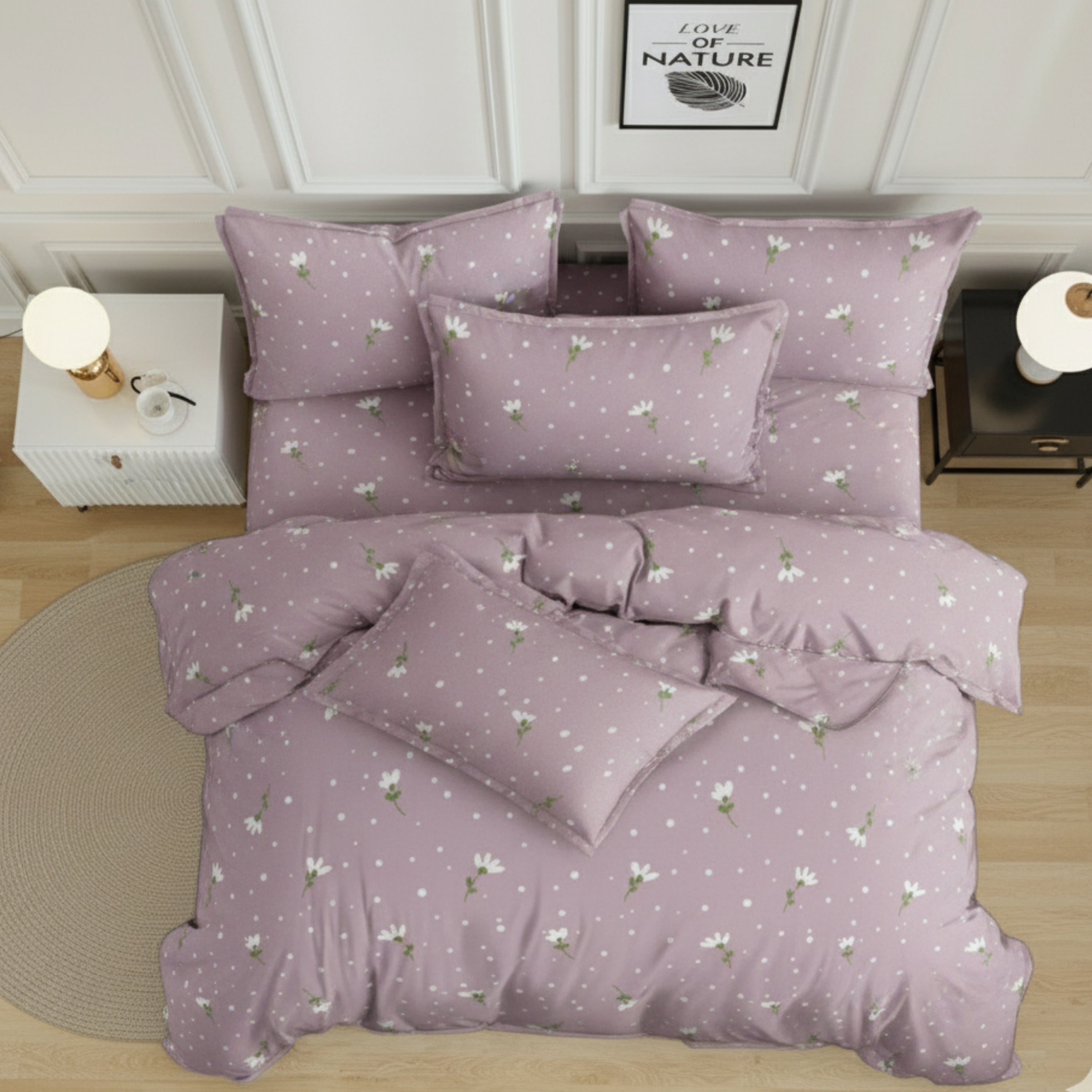 Bedsheet for Double Bed Queen Size, Mauve Purple with White Floral & Polka Dot Print .