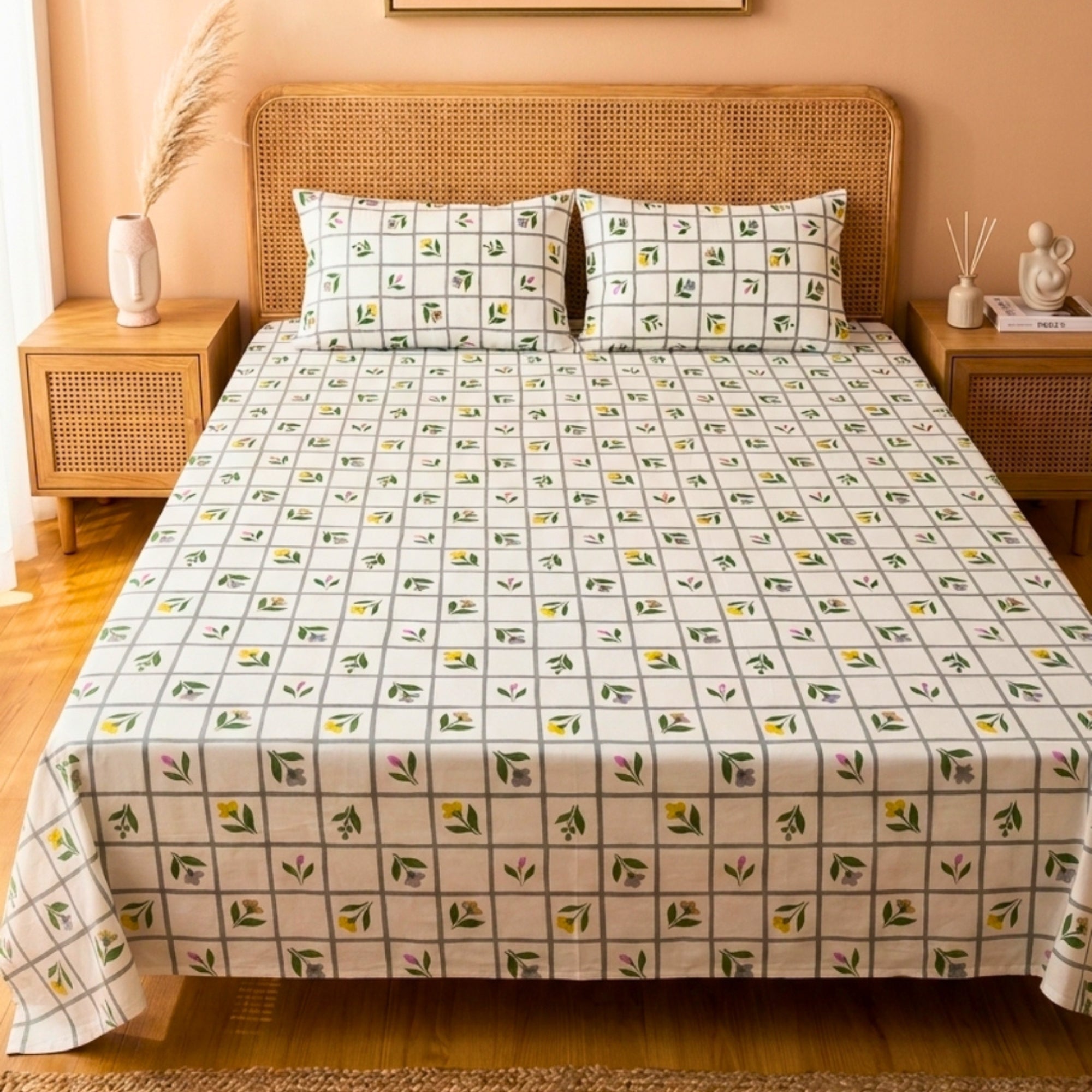Sage Green & White Grid Pattern with Dainty Floral Screen Print – Soft, Breathable Flat Sheet