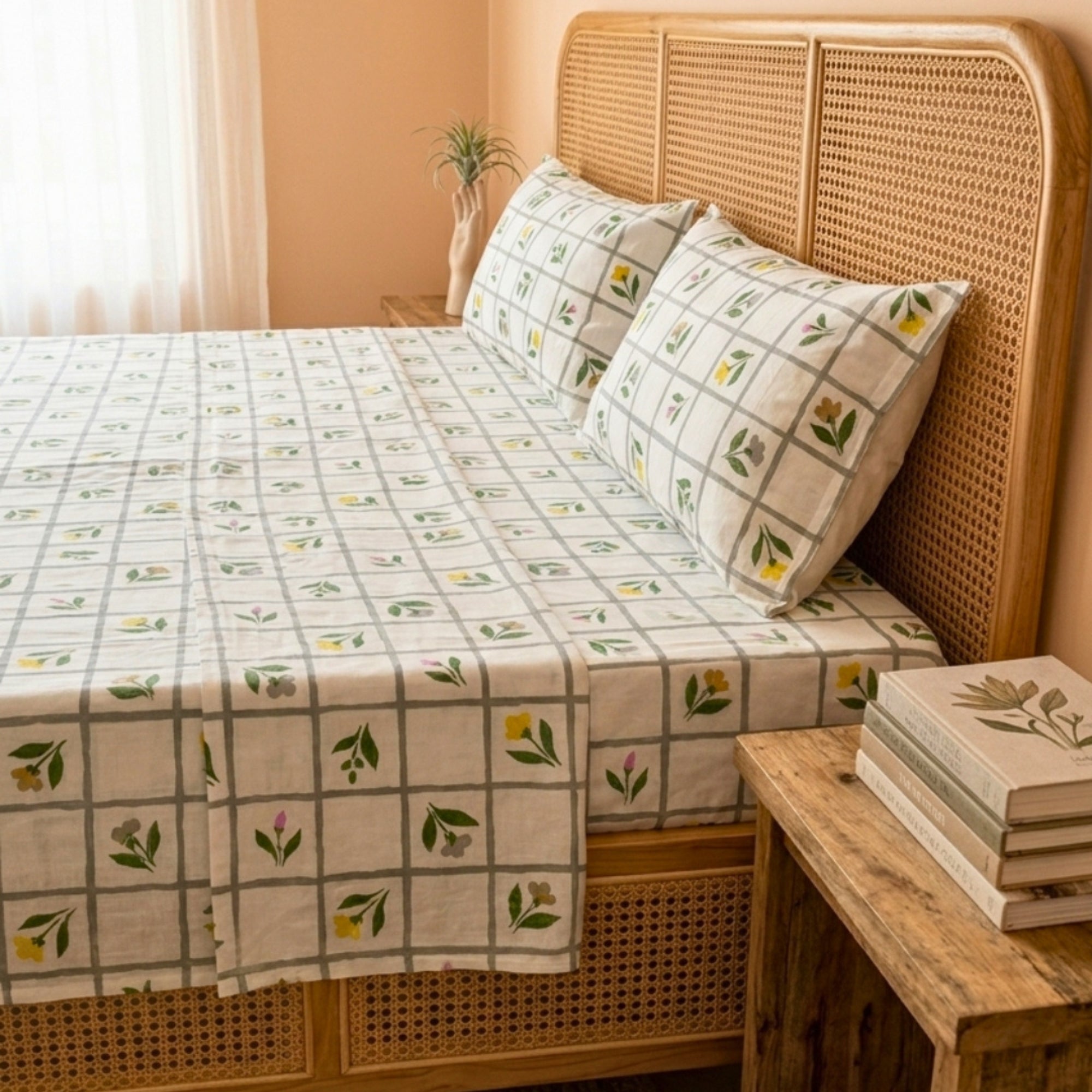 Sage Green & White Grid Pattern with Dainty Floral Screen Print – Soft, Breathable Flat Sheet