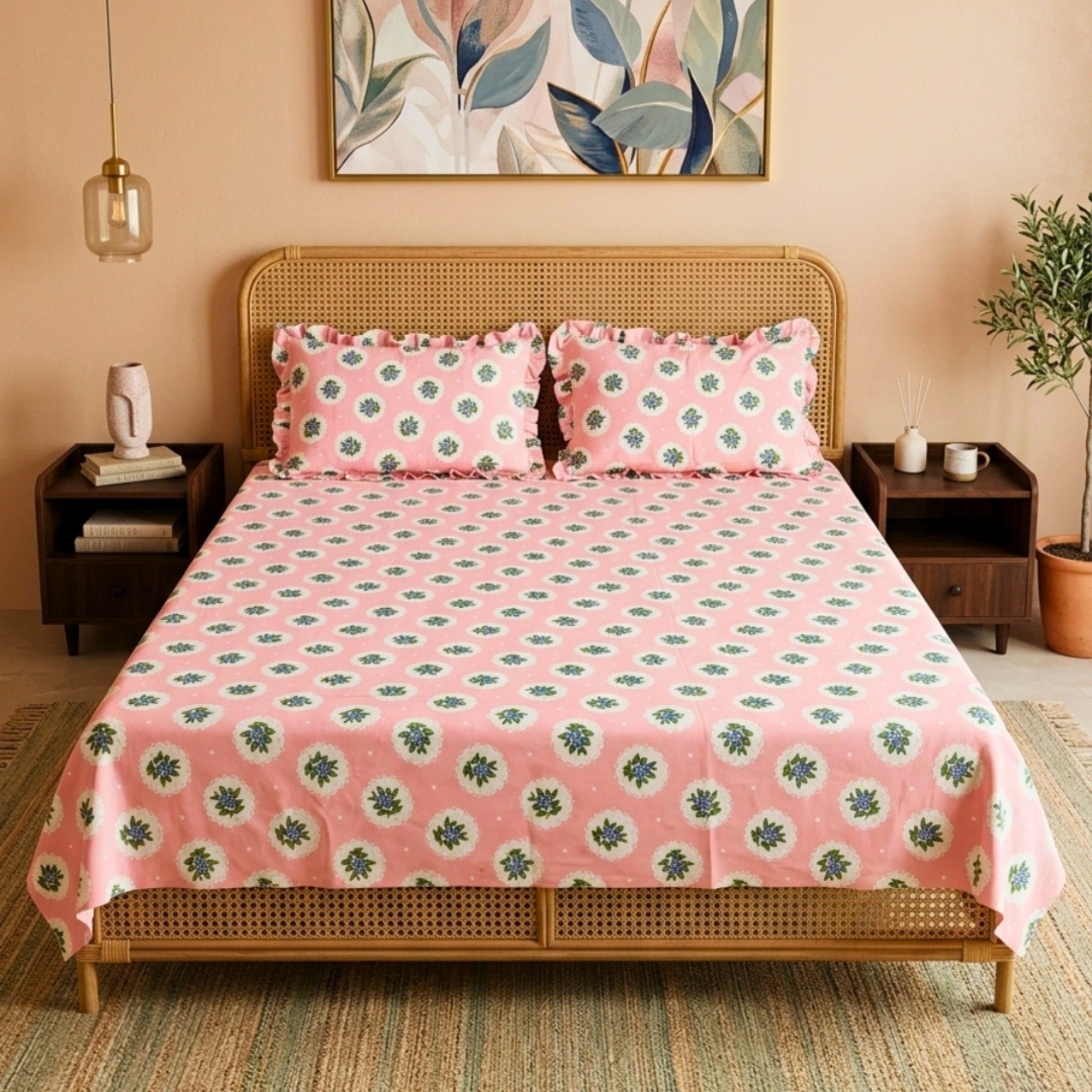 Blush Pink & White Floral Medallion Pattern – Soft, Breathable Screen Printed Flat Sheet.