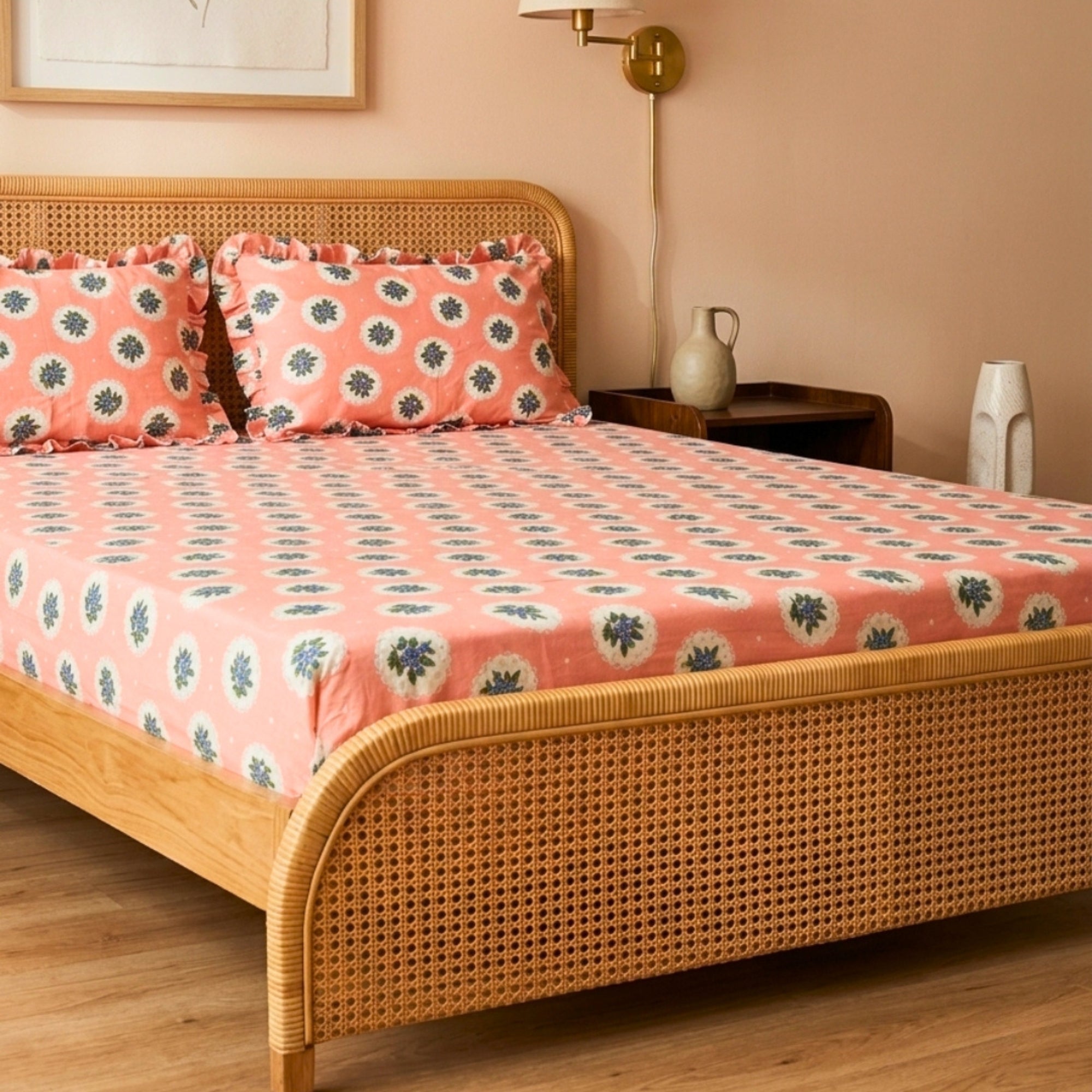 Blush Pink & White Floral Medallion Pattern – Soft, Breathable Screen Printed Flat Sheet.