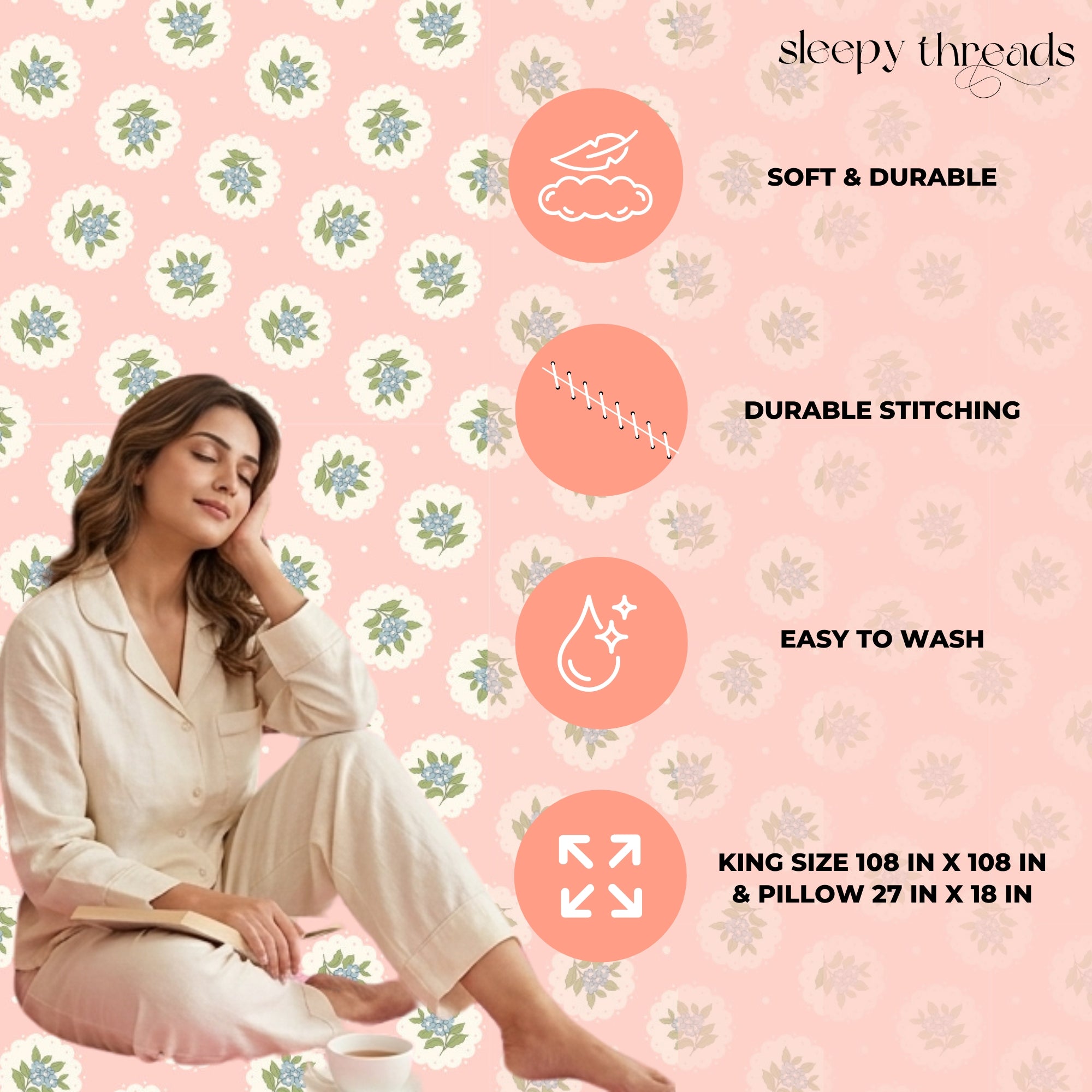 Blush Pink & White Floral Medallion Pattern – Soft, Breathable Screen Printed Flat Sheet.