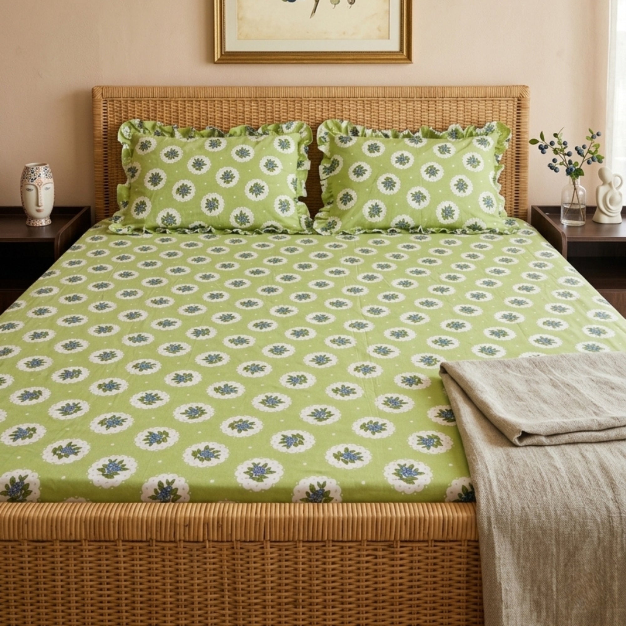 Sage Green & White Floral Pattern with Blue Medallions – Soft, Breathable Screen Printed Flat Sheet