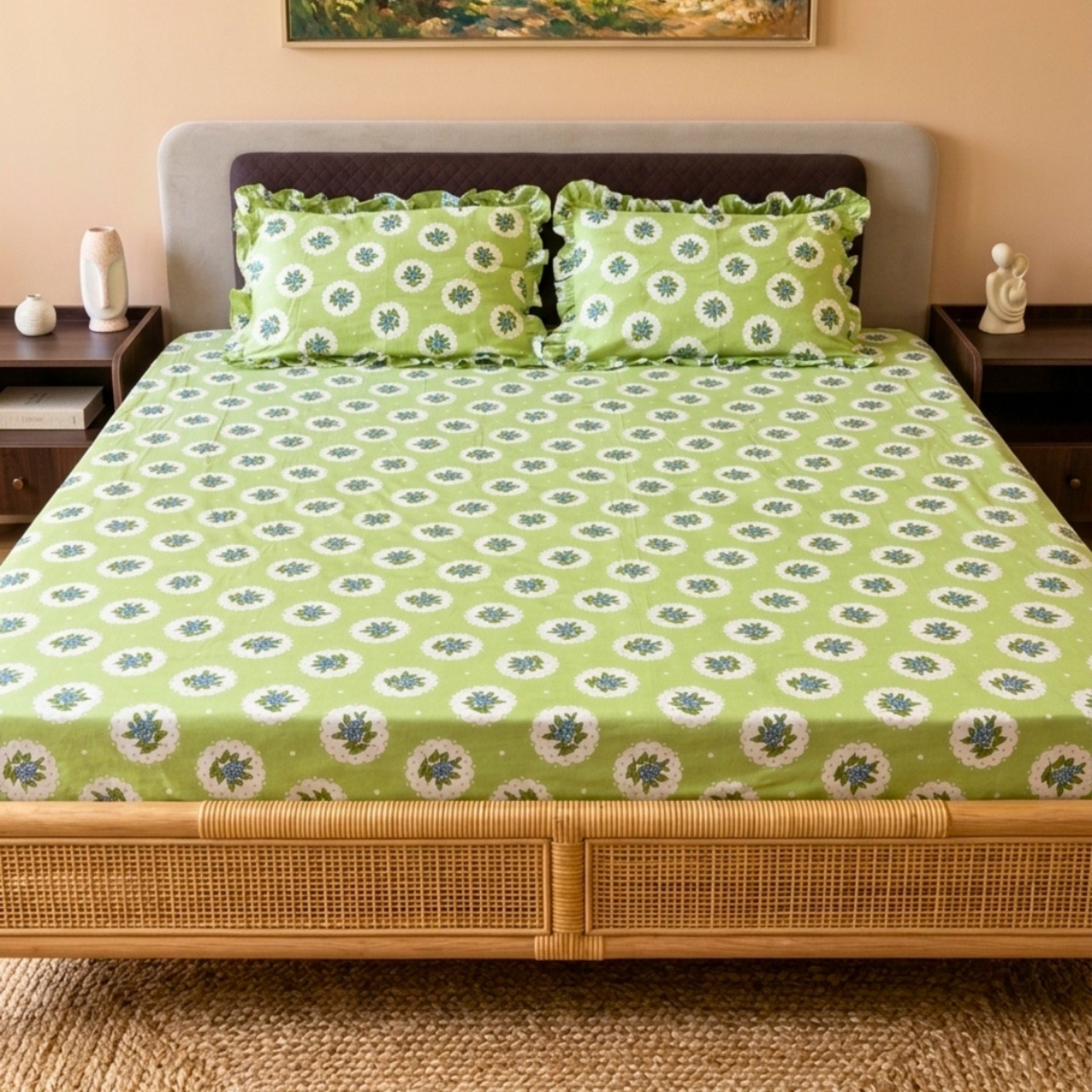 Sage Green & White Floral Pattern with Blue Medallions – Soft, Breathable Screen Printed Flat Sheet