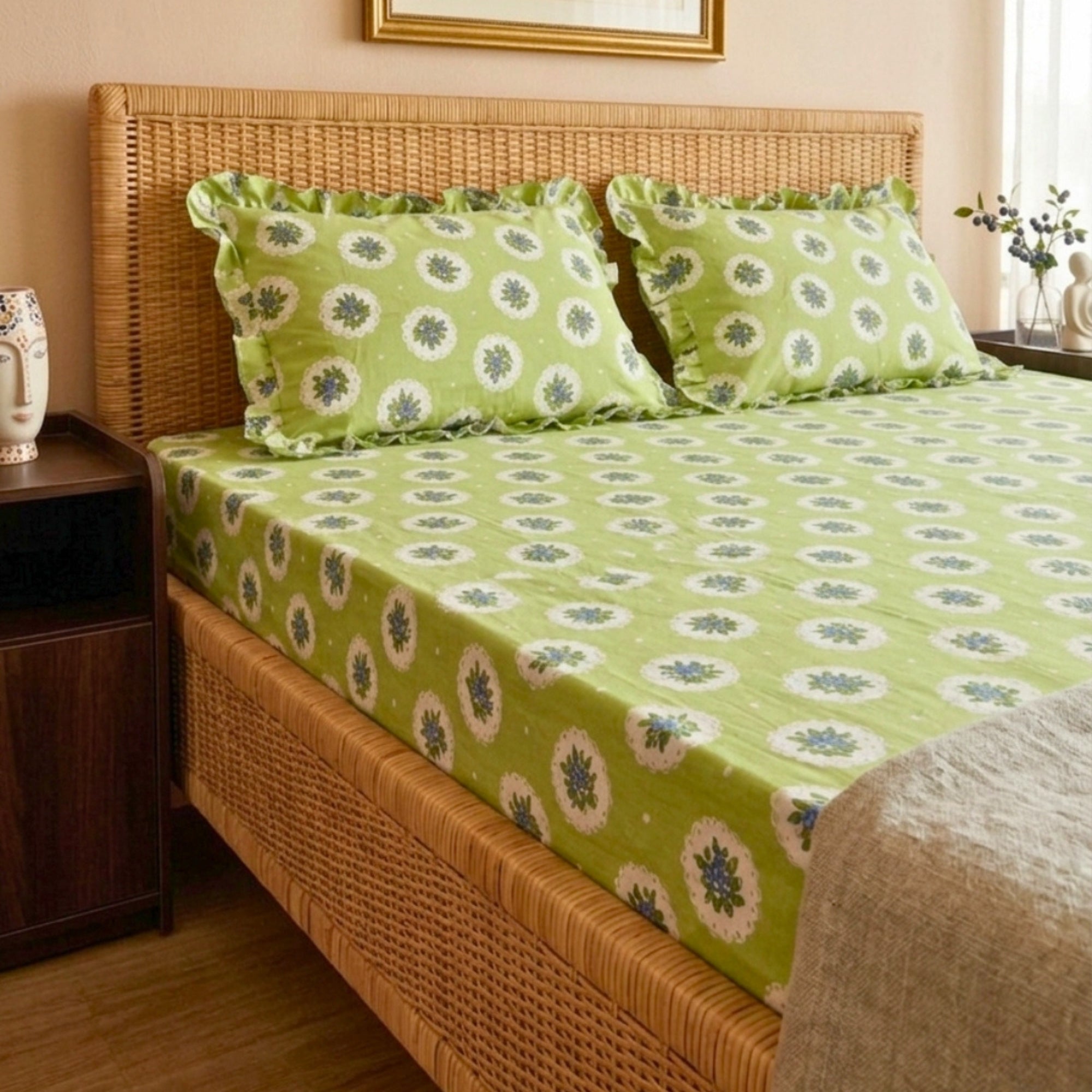 Sage Green & White Floral Pattern with Blue Medallions – Soft, Breathable Screen Printed Flat Sheet
