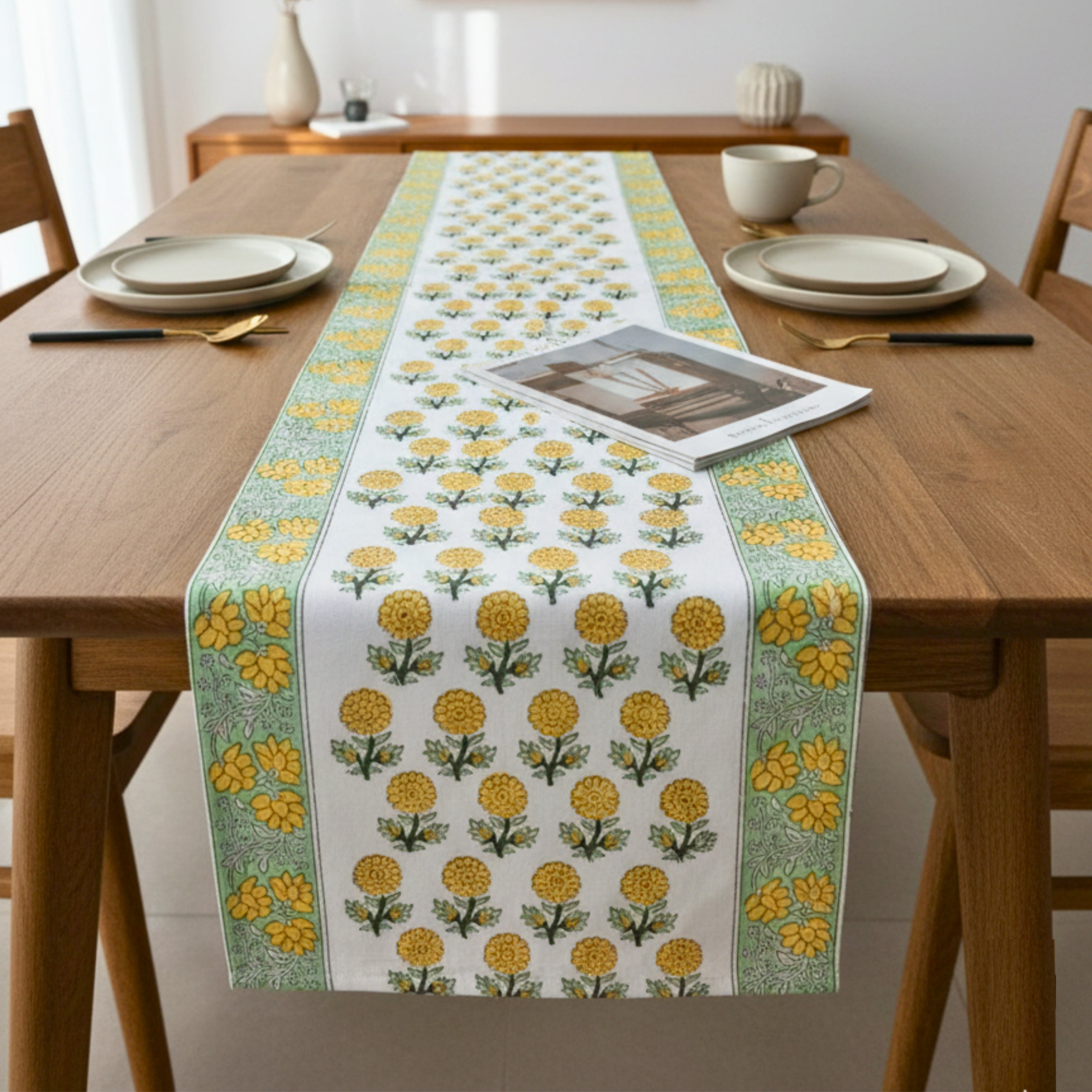 Hand Block Print Canvas Table Runner, Yellow Marigold and Green Floral Pattern.