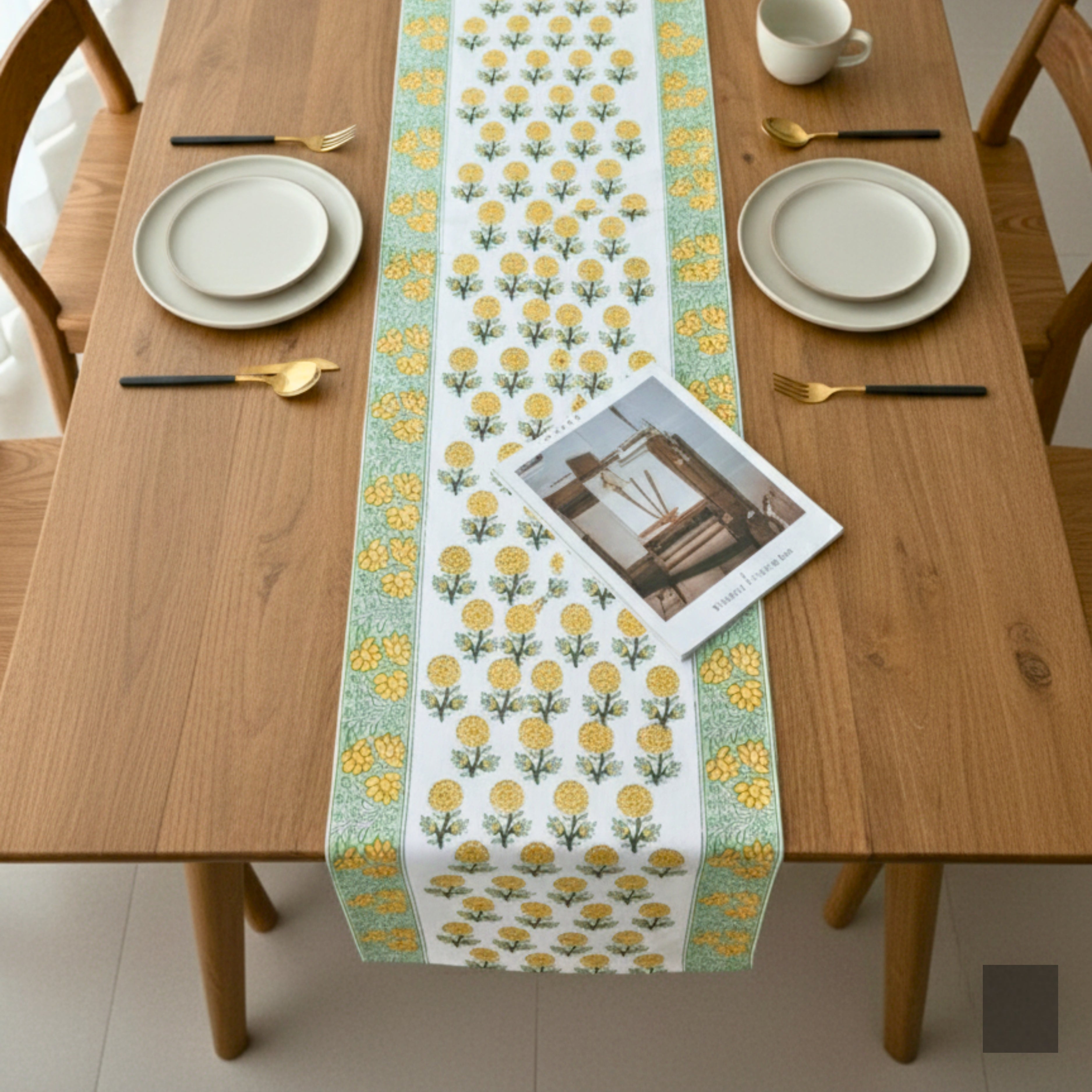 Hand Block Print Canvas Table Runner, Yellow Marigold and Green Floral Pattern.