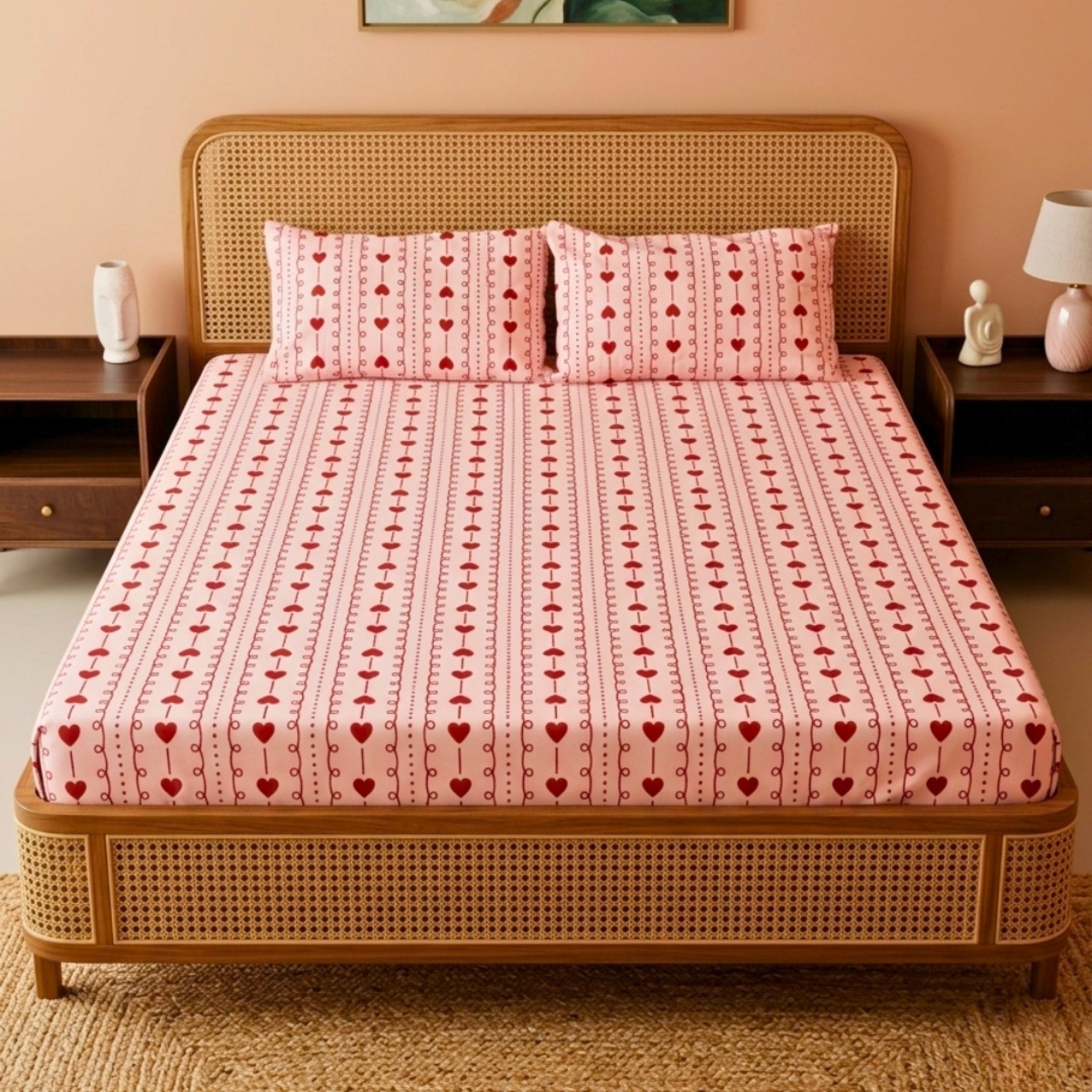 Romantic Red Hearts & Dainty Pink Stripe Pattern – Soft, Breathable Screen Printed Flat Sheet