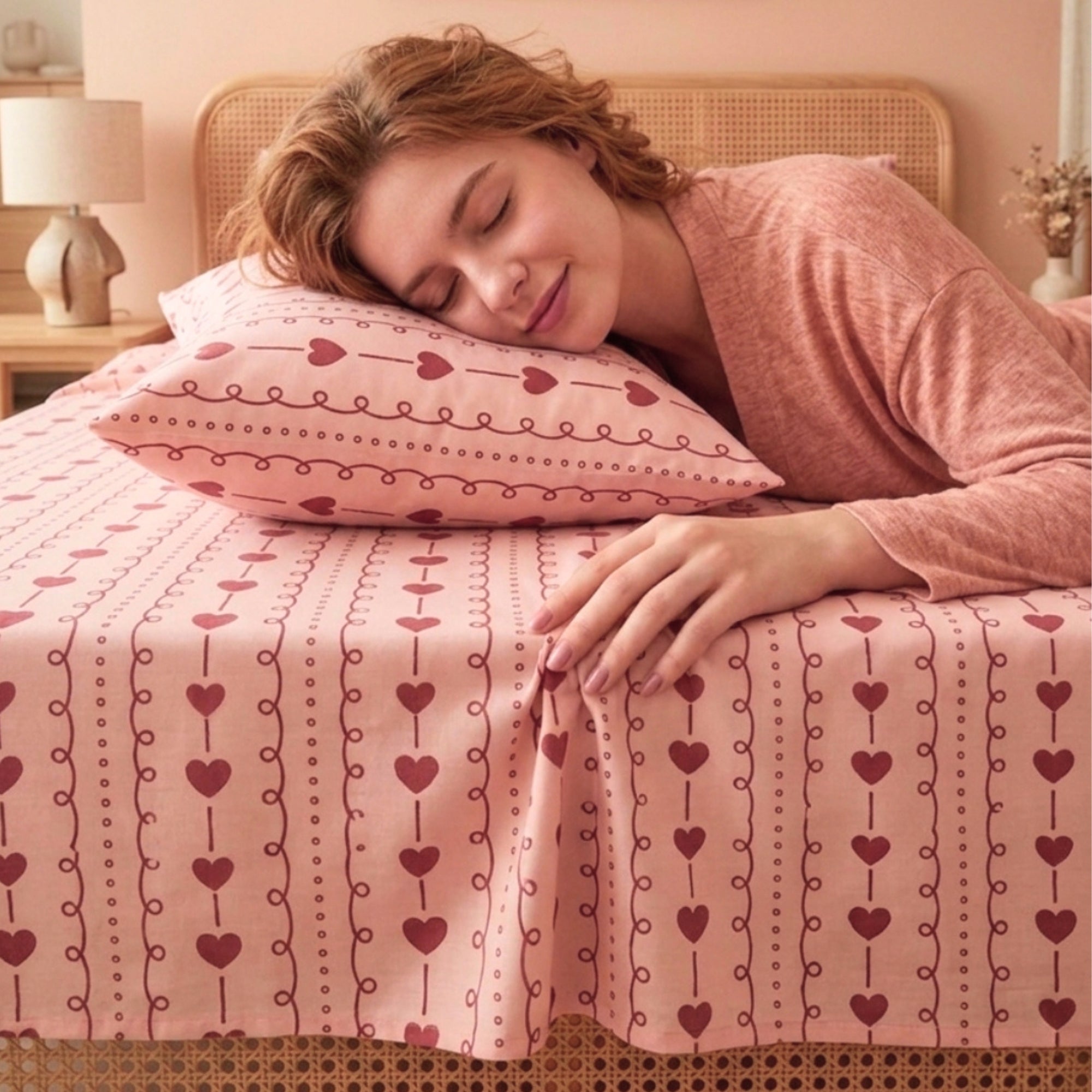 Romantic Red Hearts & Dainty Pink Stripe Pattern – Soft, Breathable Screen Printed Flat Sheet