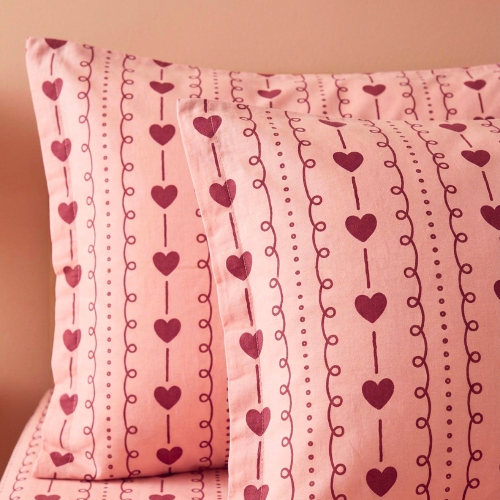 Romantic Red Hearts & Dainty Pink Stripe Pattern – Soft, Breathable Screen Printed Flat Sheet