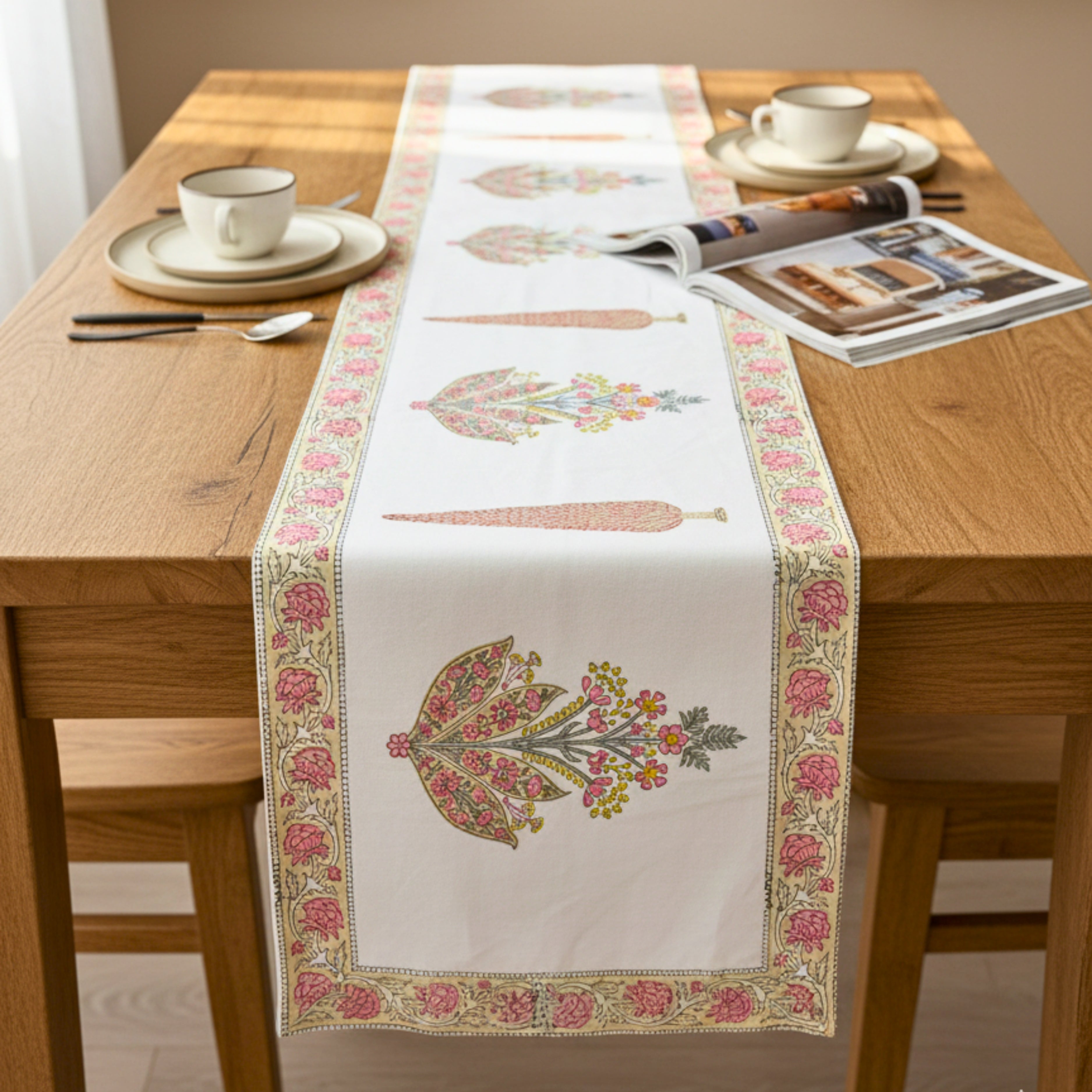Hand Block Print Canvas Table Runner Pink Floral Border & Unique Motif Designer Cotton Canvas Dining Linen .