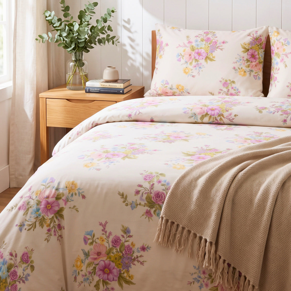 Elegant Floral Print, Soft and Breathable Bedding for a Comfortable and Stylish Bedroom 100% Cotton Bedsheet Set with 2 Pillow Covers, 350TC,