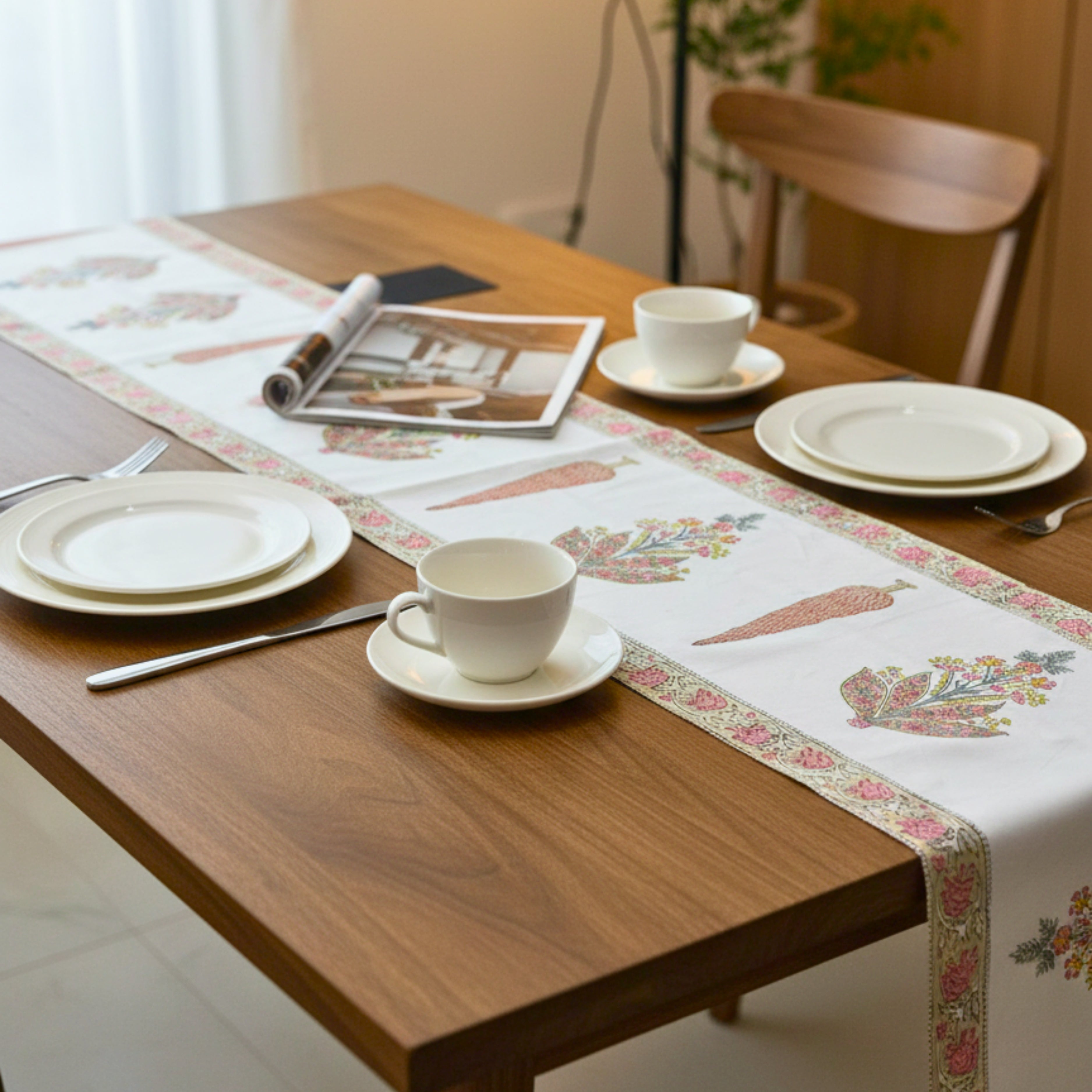 Hand Block Print Canvas Table Runner Pink Floral Border & Unique Motif Designer Cotton Canvas Dining Linen .