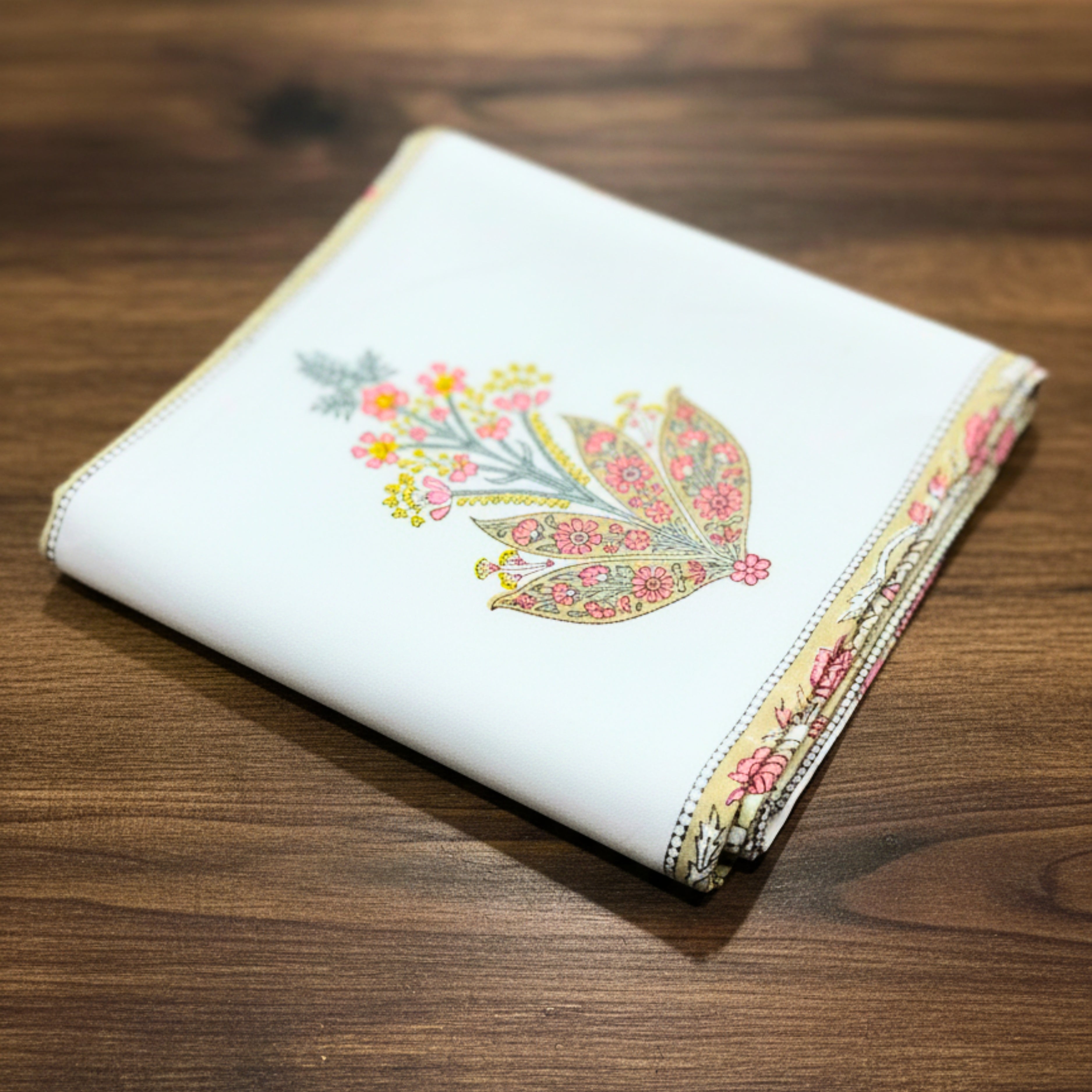 Hand Block Print Canvas Table Runner Pink Floral Border & Unique Motif Designer Cotton Canvas Dining Linen .