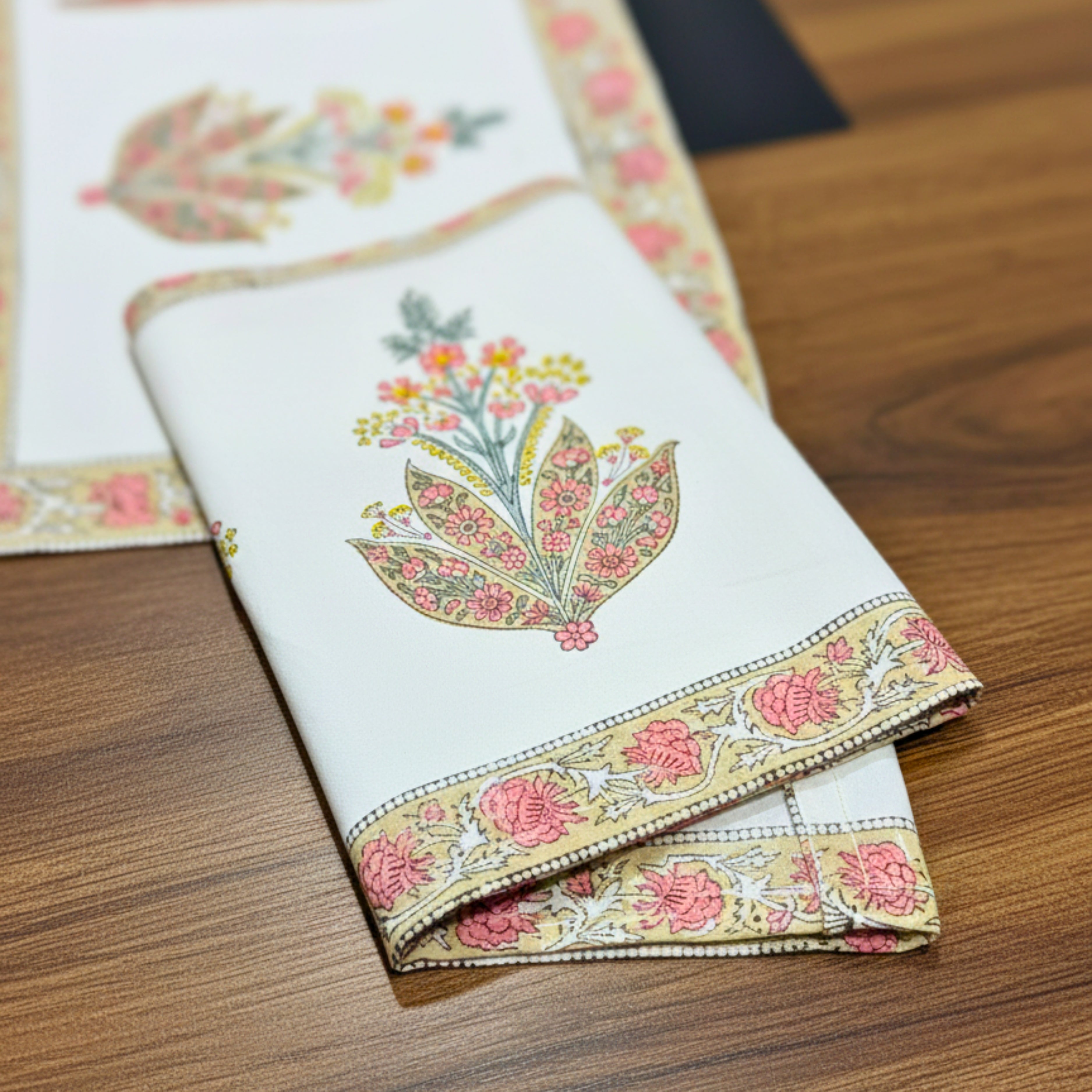 Hand Block Print Canvas Table Runner Pink Floral Border & Unique Motif Designer Cotton Canvas Dining Linen .